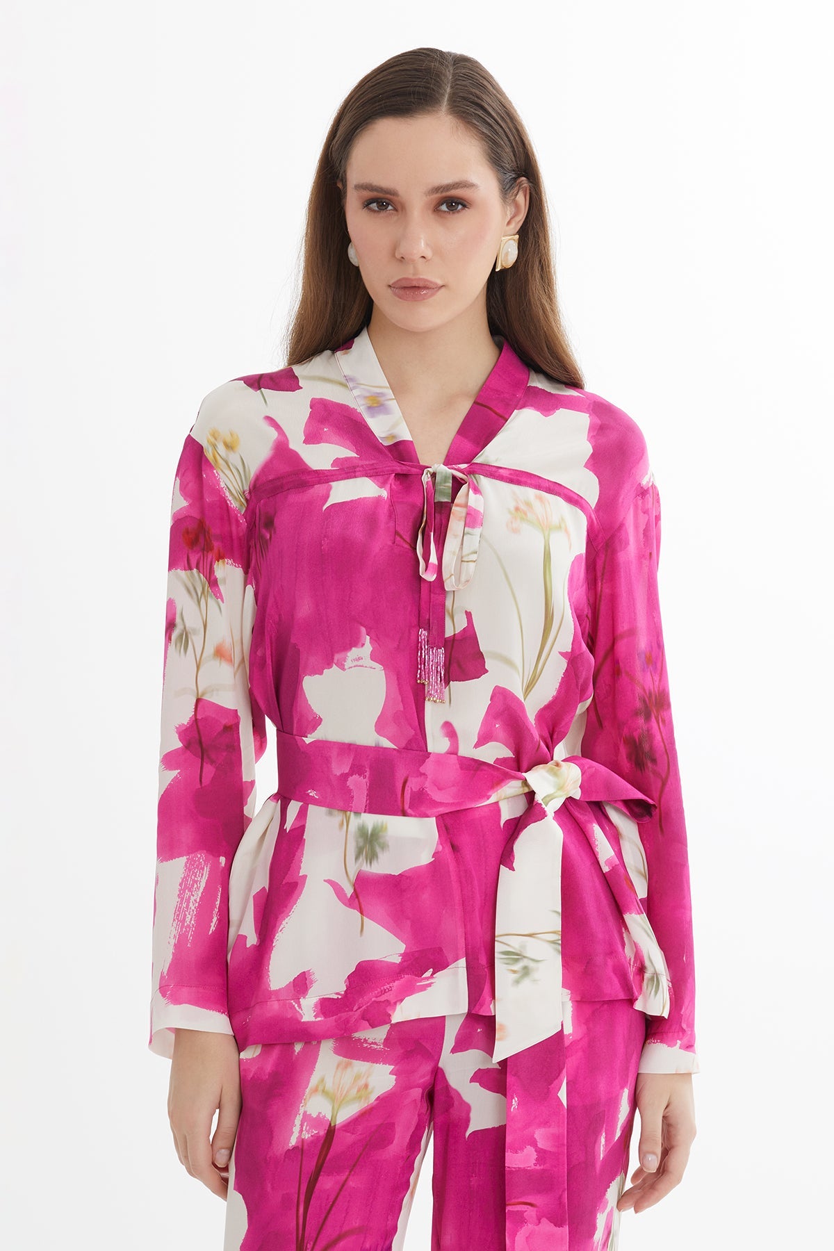 V-Neck Belted Long-Sleeve Blouse