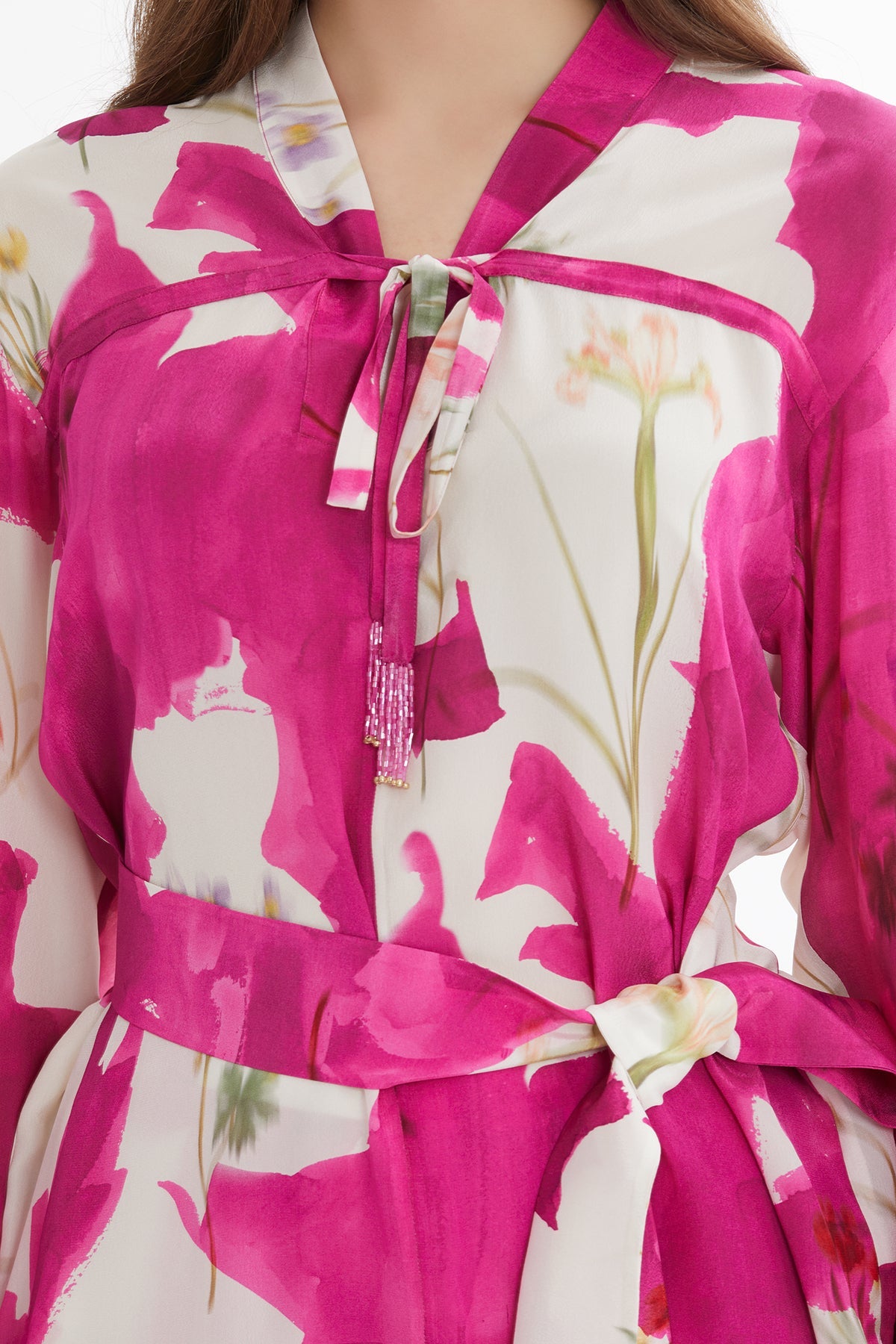 V-Neck Belted Long-Sleeve Blouse