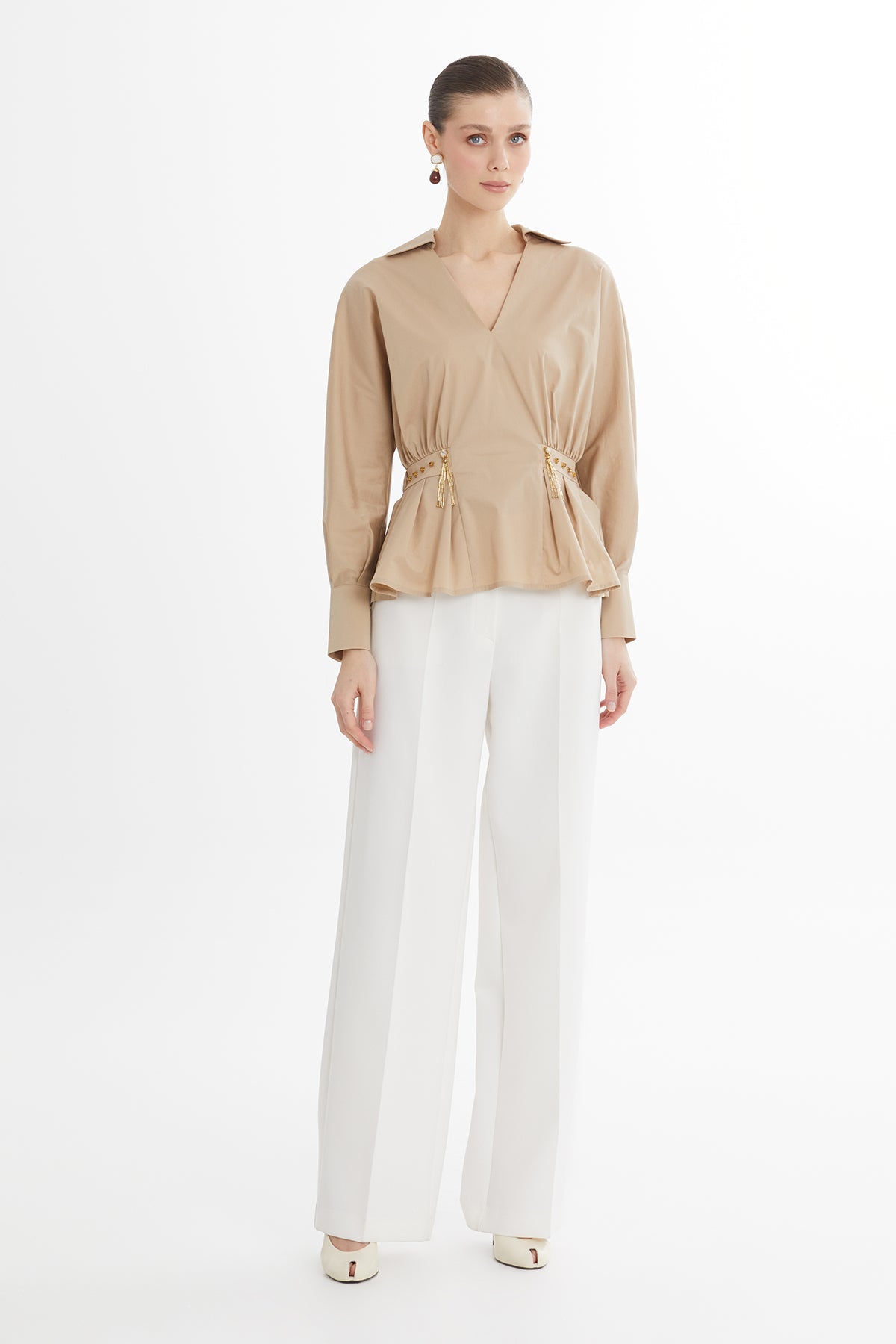 Brown V-Neck Long-Sleeve Shirt