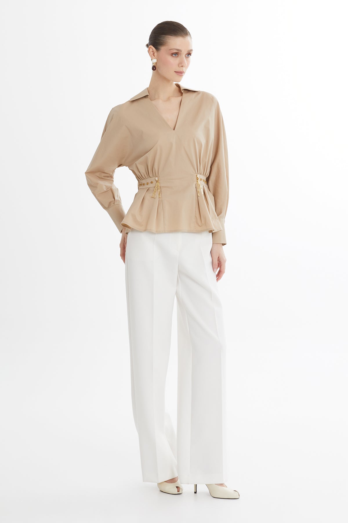 Brown V-Neck Long-Sleeve Shirt