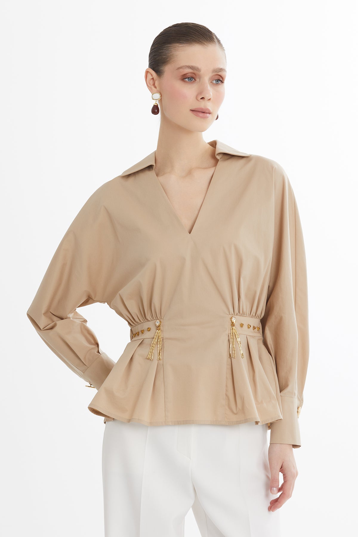 Brown V-Neck Long-Sleeve Shirt