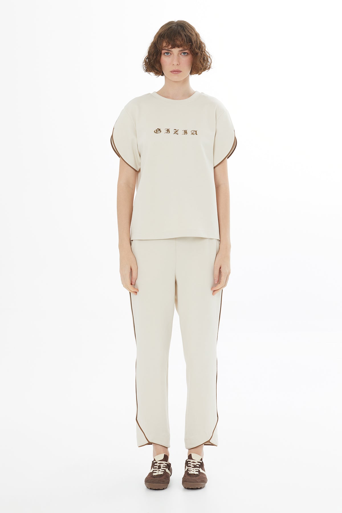 Beige Embroidered Detail T-Shirt