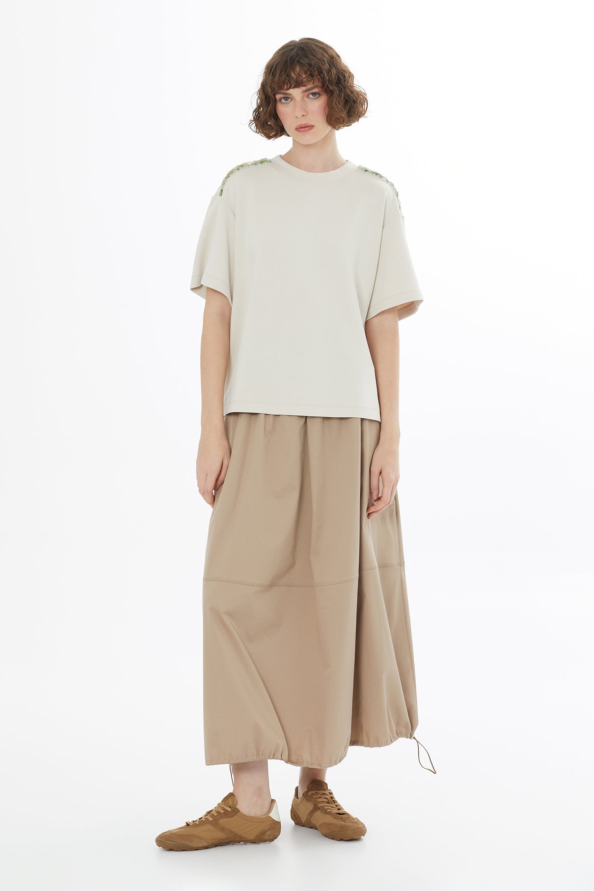 Beige Beaded Embroidered T-Shirt