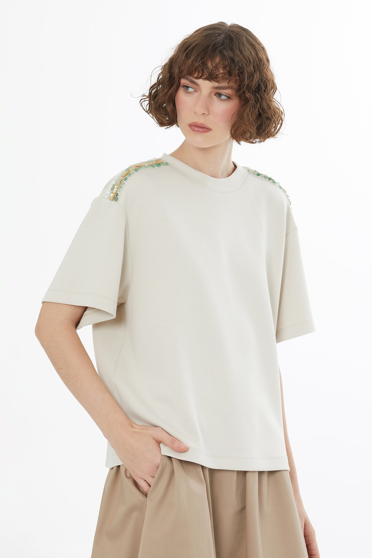Beige Beaded Embroidered T-Shirt