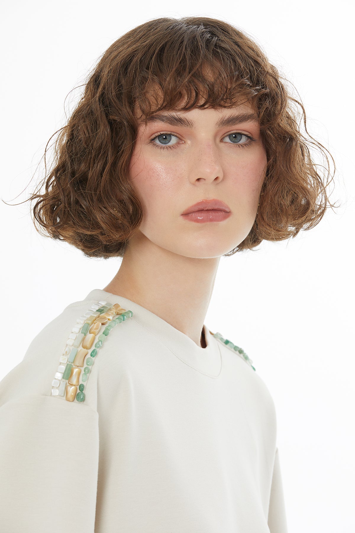 Beige Beaded Embroidered T-Shirt