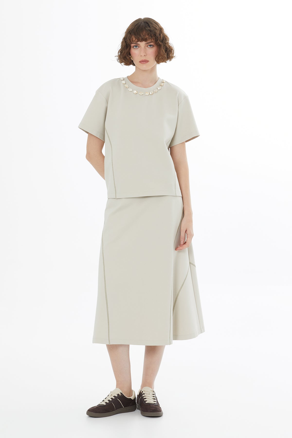 Beige Topstitched Embroidered T-Shirt