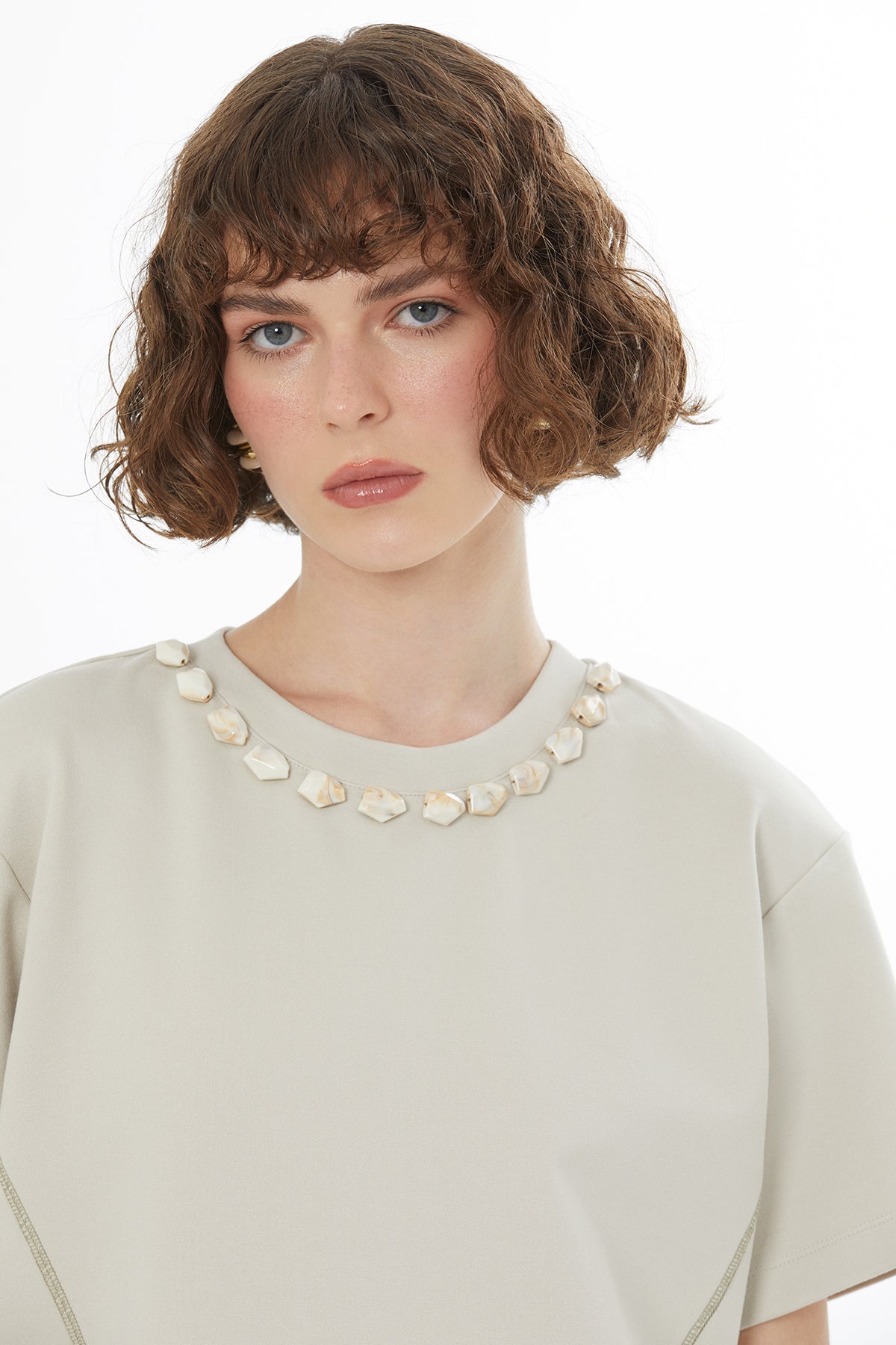 Beige Topstitched Embroidered T-Shirt