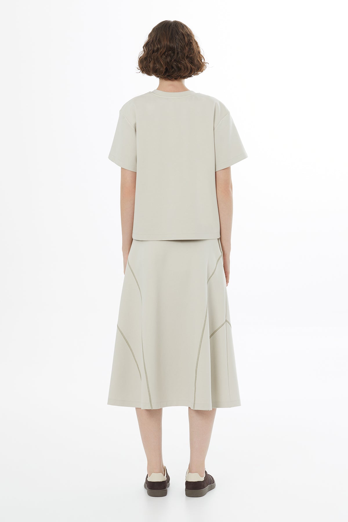 Beige Topstitched Embroidered T-Shirt