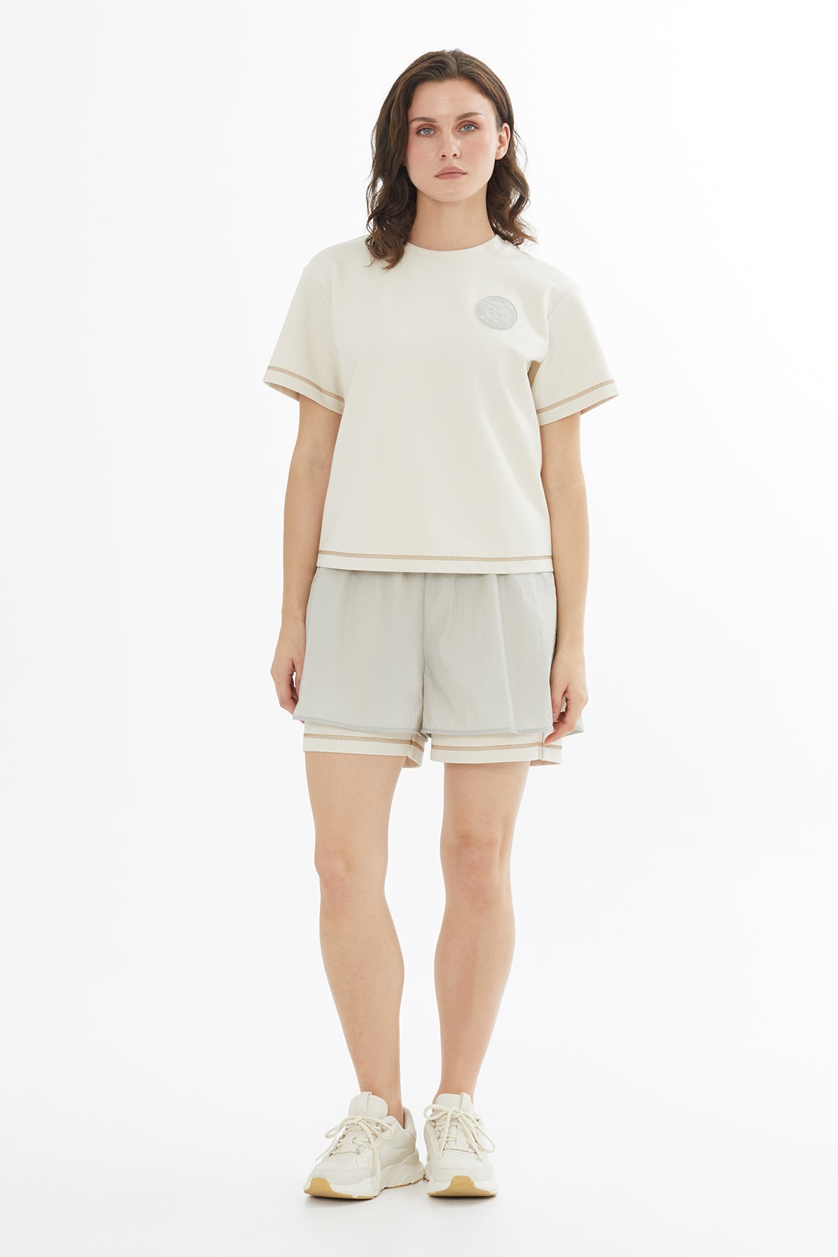 Beige Logo Label Detailed Topstitched T-Shirt