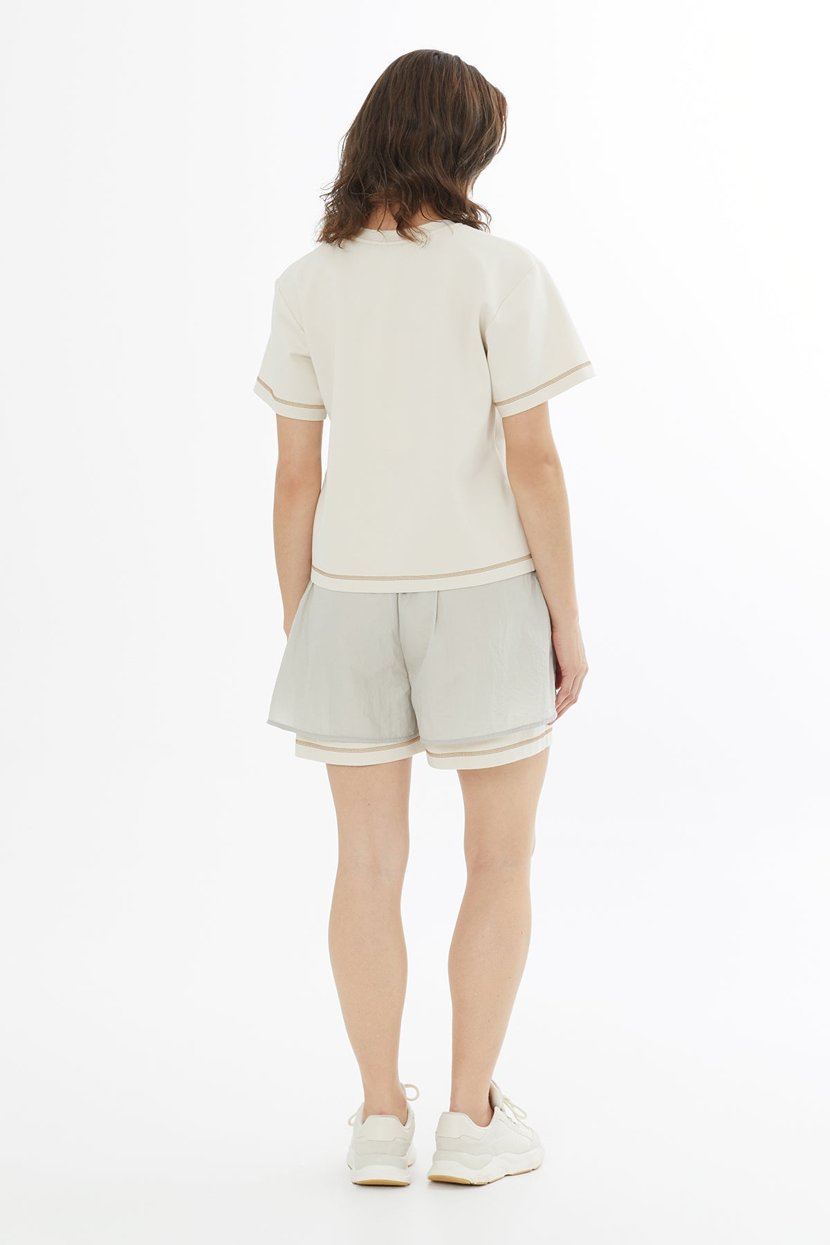 Beige Logo Label Detailed Topstitched T-Shirt