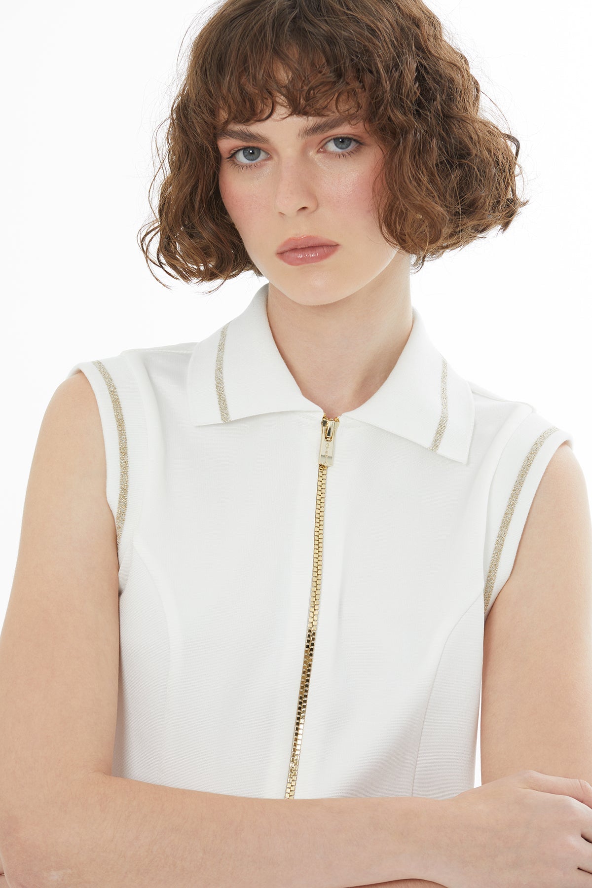Ecru Knitted Detail Zip T-Shirt
