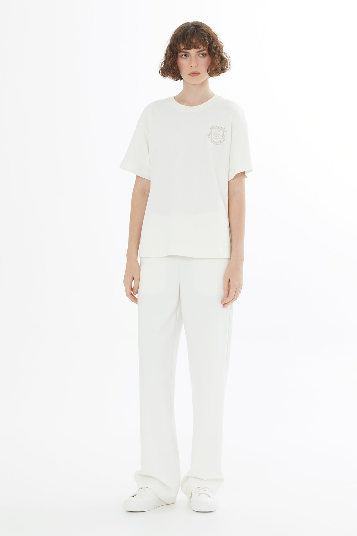 Ecru Embroidered and Crystal Appliqué T-Shirt