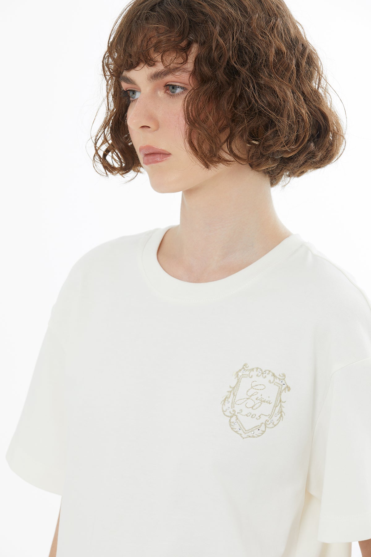 Ecru Embroidered and Crystal Appliqué T-Shirt
