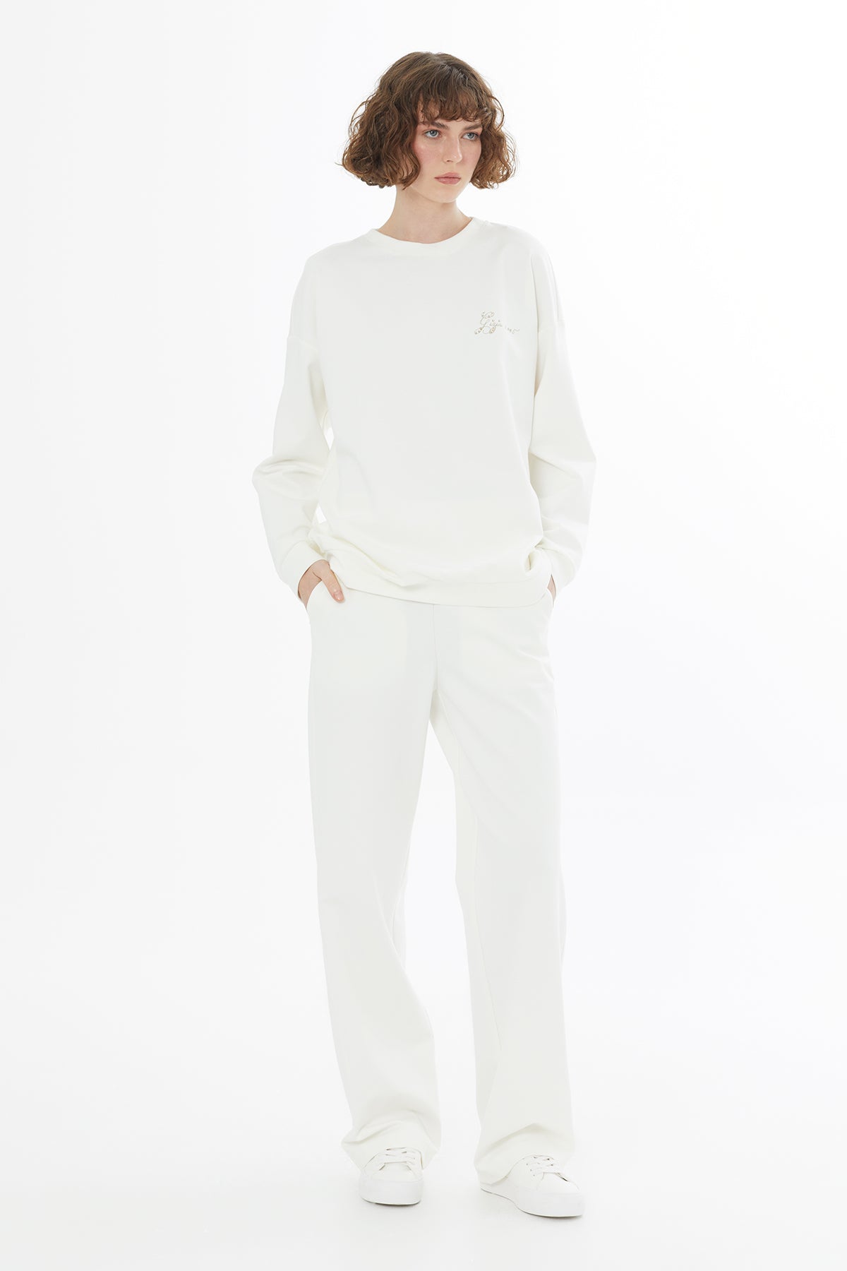 Ecru Embroidered Crystal Appliqué Sweatshirt