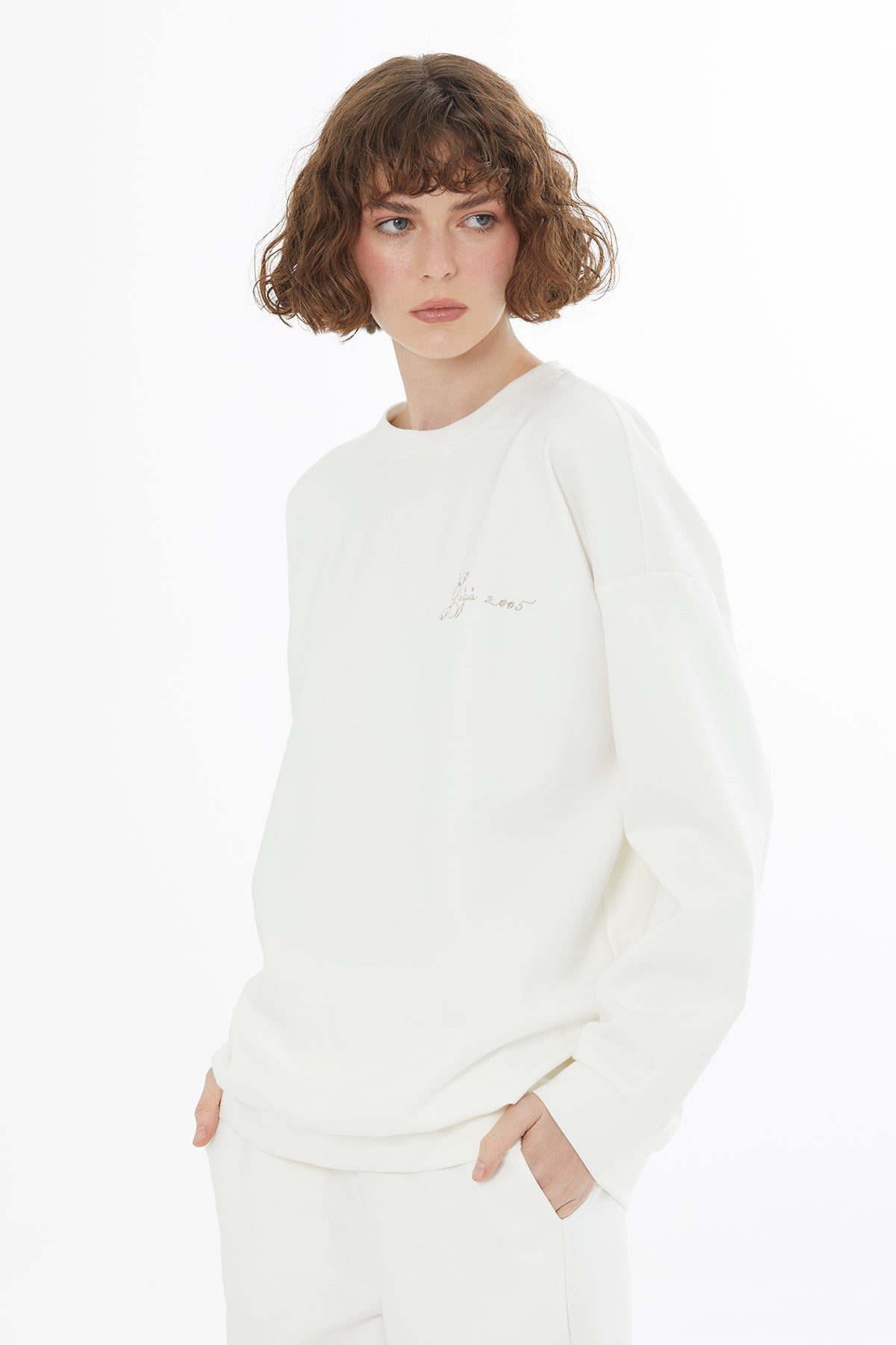 Ecru Embroidered Crystal Appliqué Sweatshirt