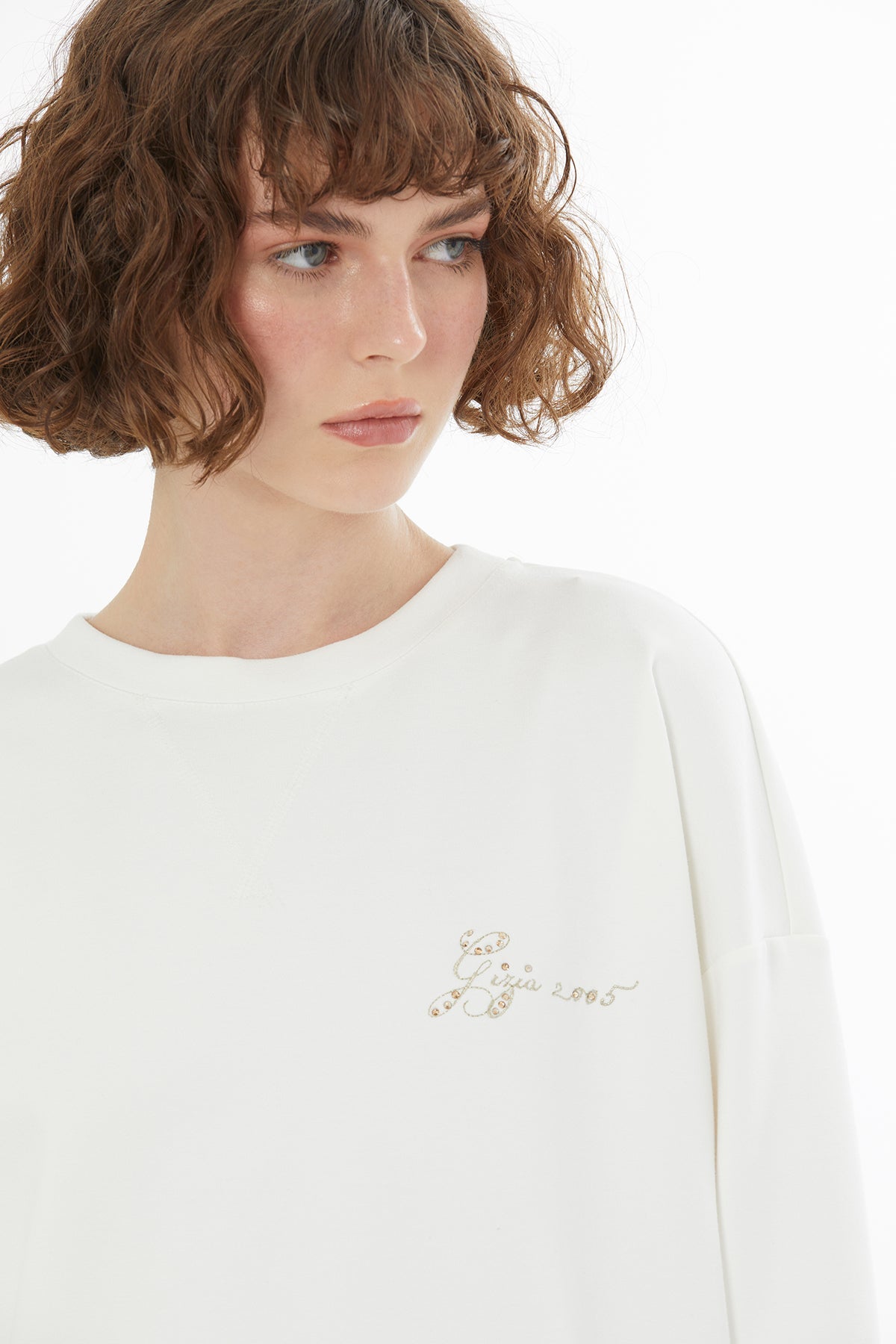 Ecru Embroidered Crystal Appliqué Sweatshirt