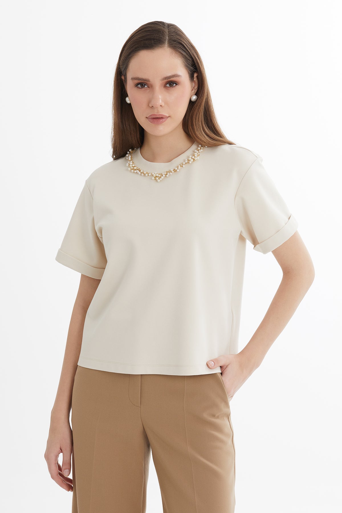 Beige Oversized Embellished Short-Sleeve T-Shirt