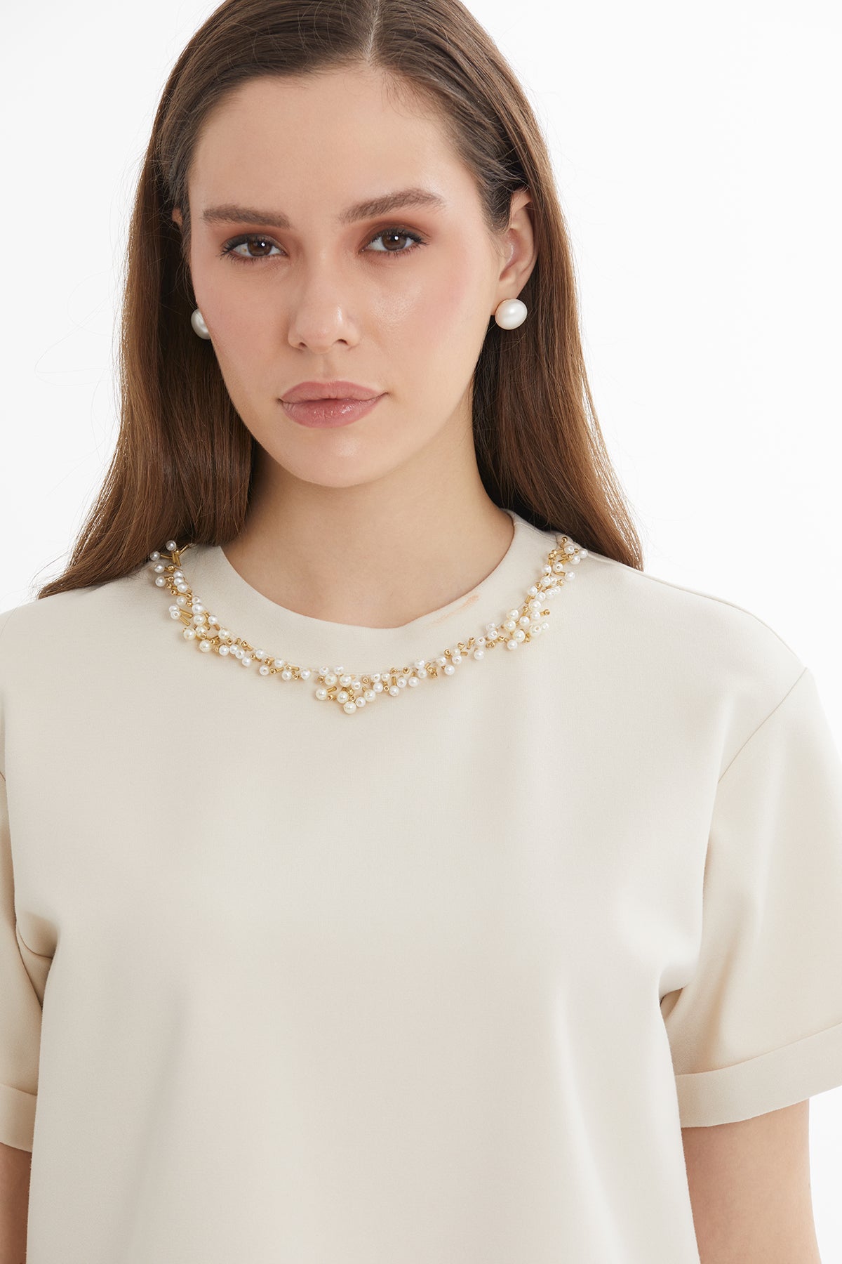 Beige Oversized Embellished Short-Sleeve T-Shirt