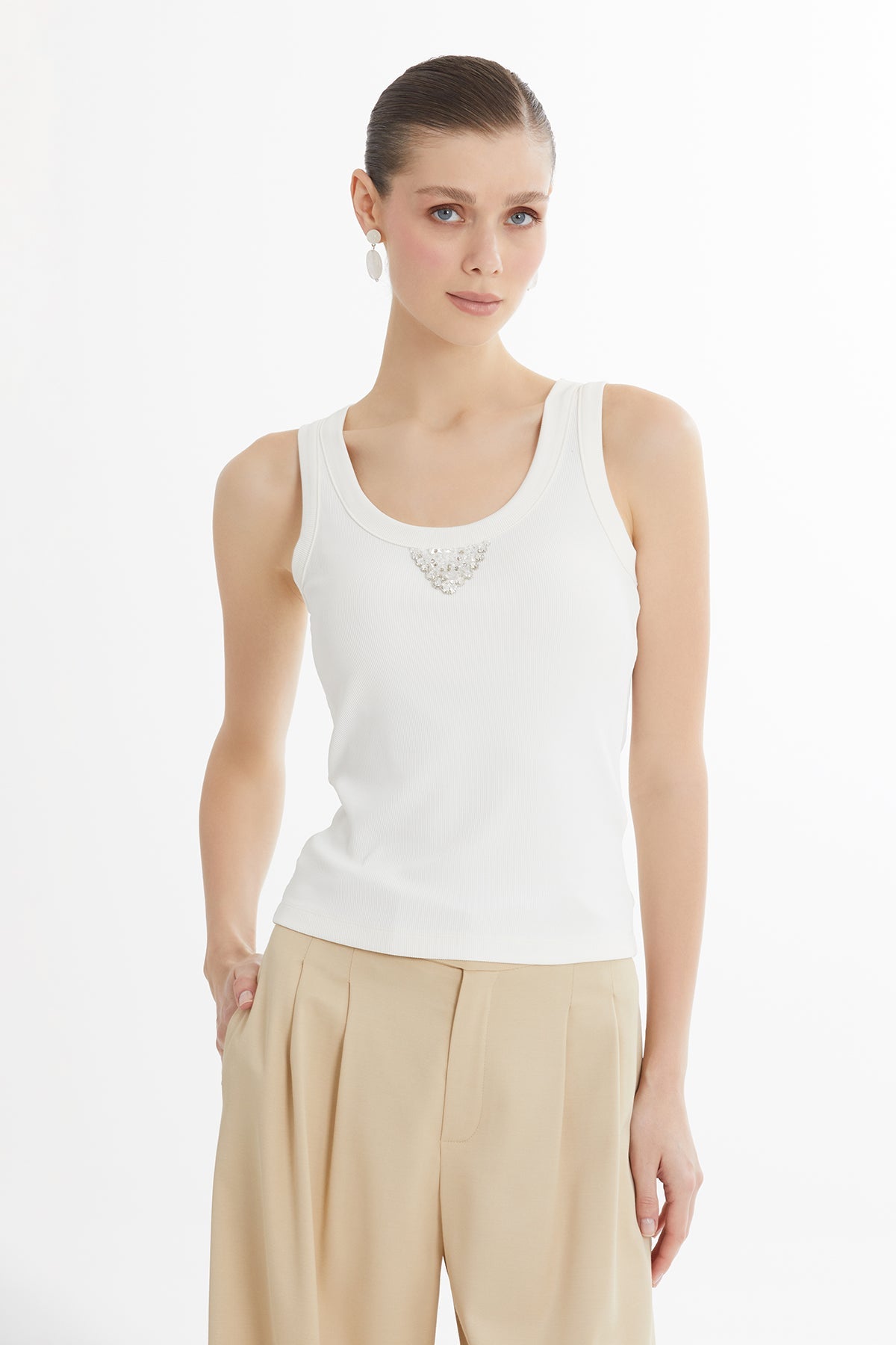 Ecru Embroidered Detail Tank Top