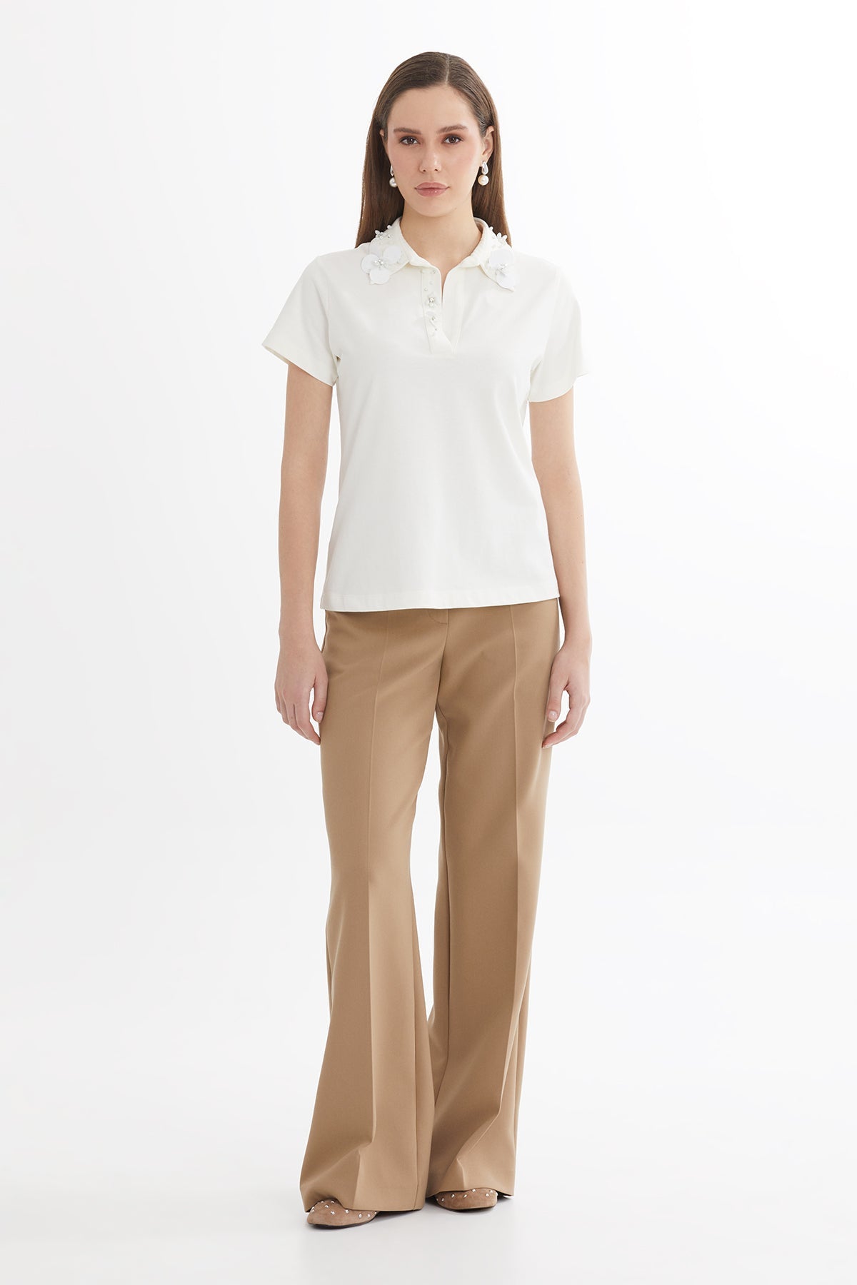 Ecru Embroidered Collar Detail T-Shirt