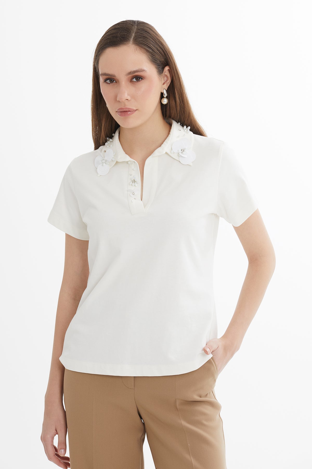 Ecru Embroidered Collar Detail T-Shirt