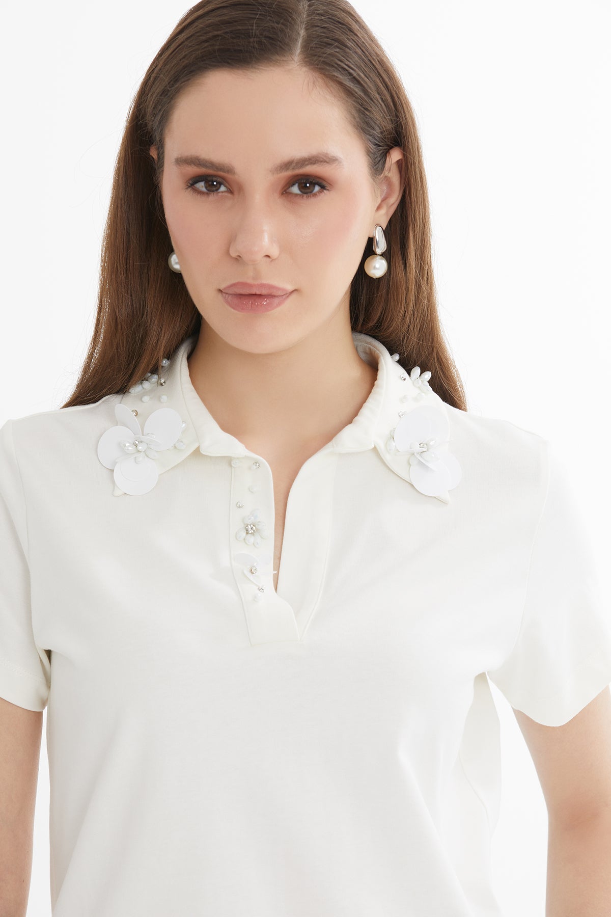 Ecru Embroidered Collar Detail T-Shirt