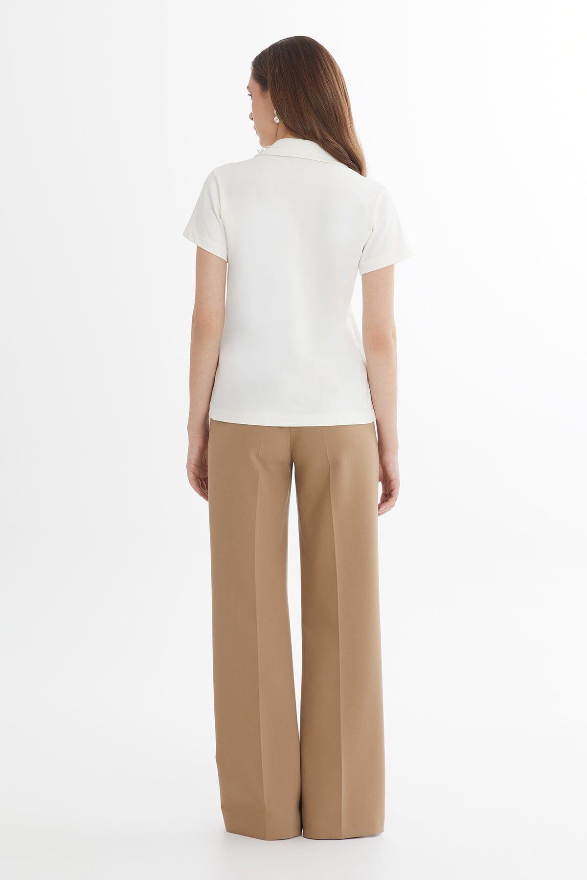 Ecru Embroidered Collar Detail T-Shirt