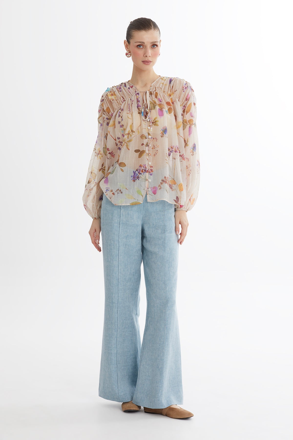 Ecru Gathered Embroidered Blouse