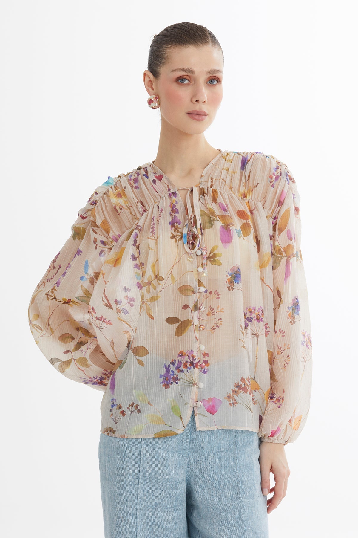 Ecru Gathered Embroidered Blouse