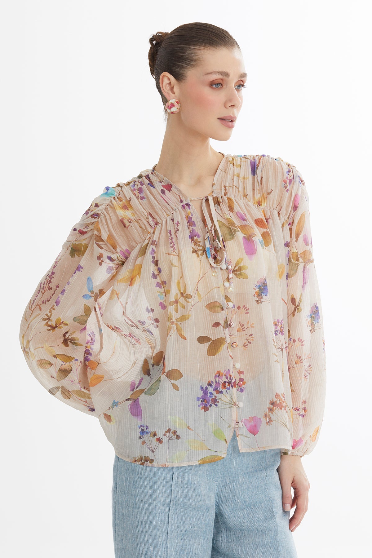 Ecru Gathered Embroidered Blouse