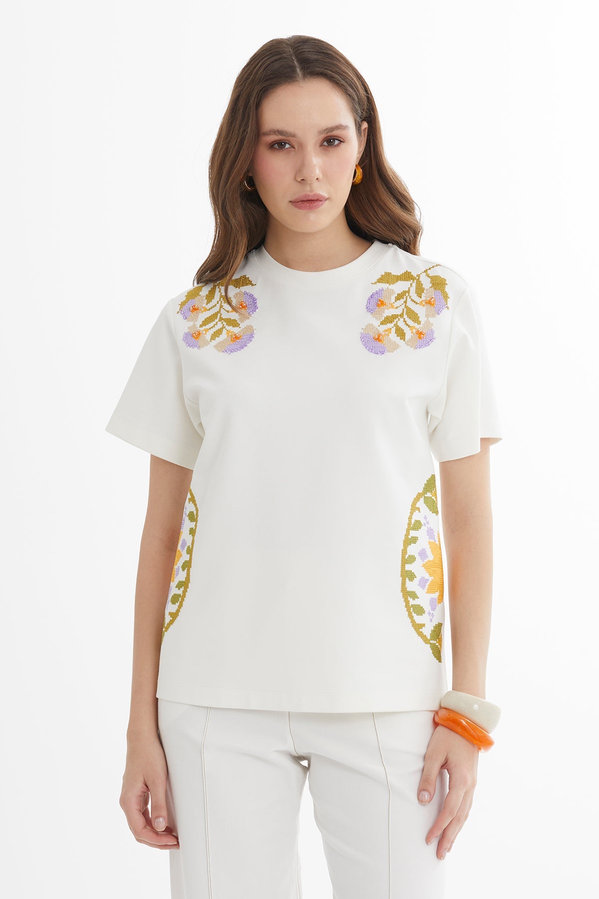 Ecru Embroidered Short-Sleeve T-Shirt