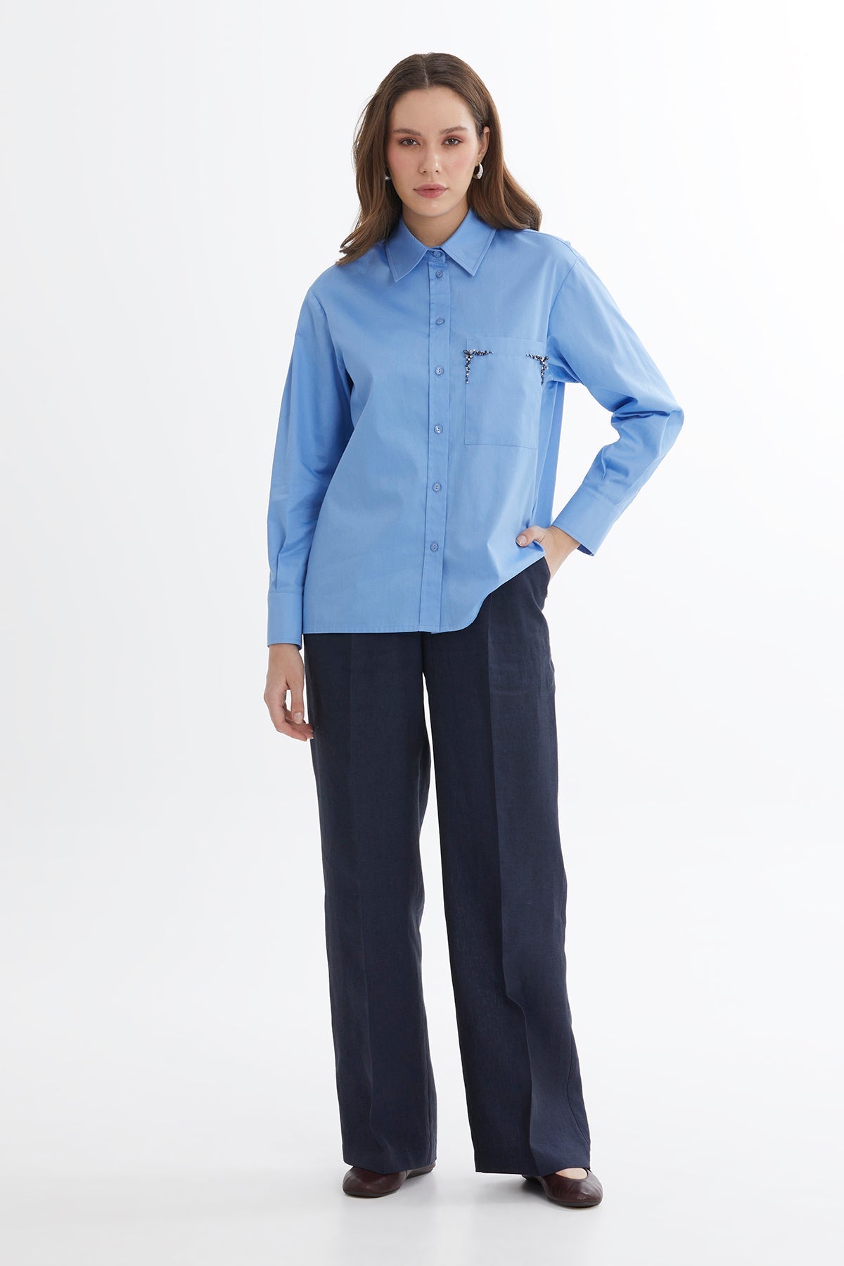 Blue Pleated Embroidered Shirt