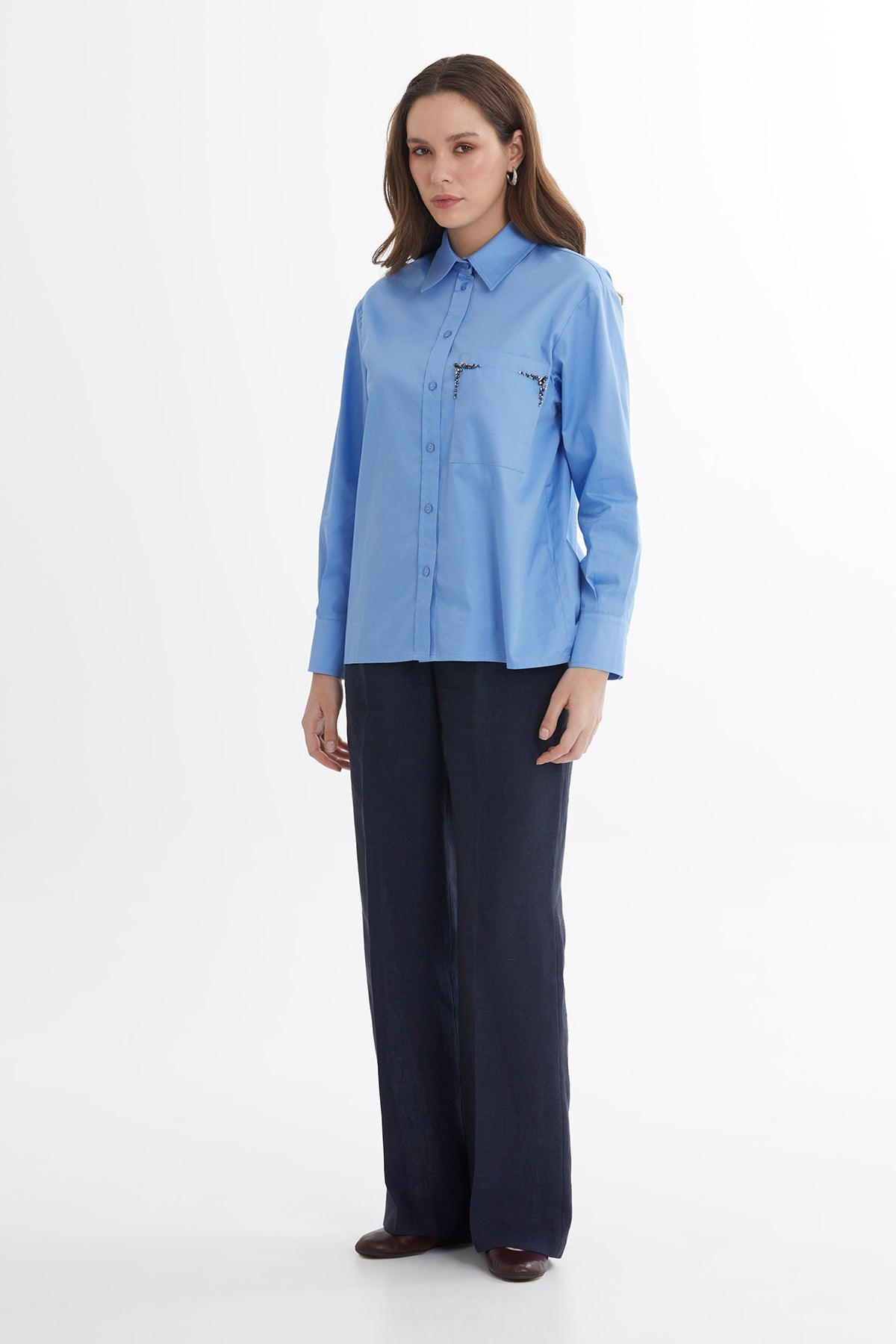 Blue Pleated Embroidered Shirt