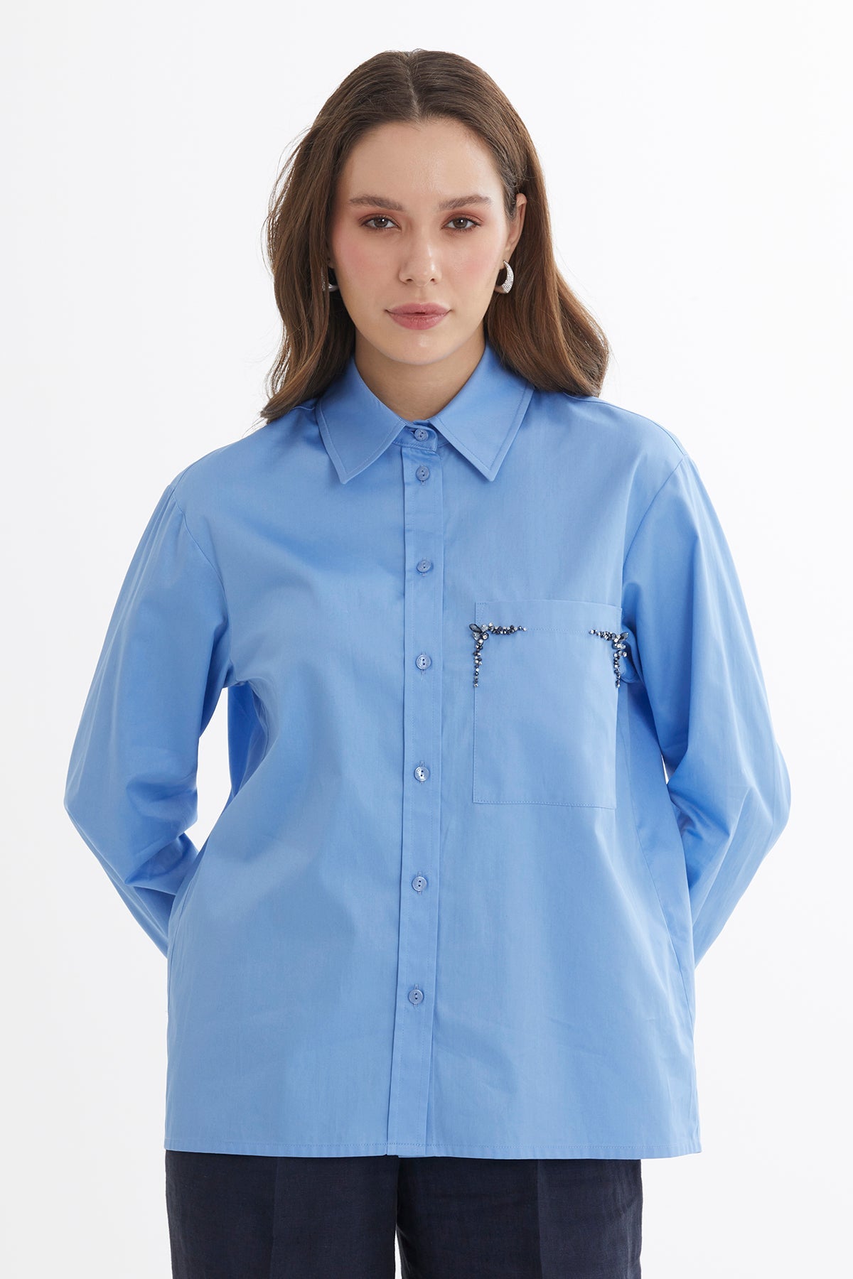 Blue Pleated Embroidered Shirt