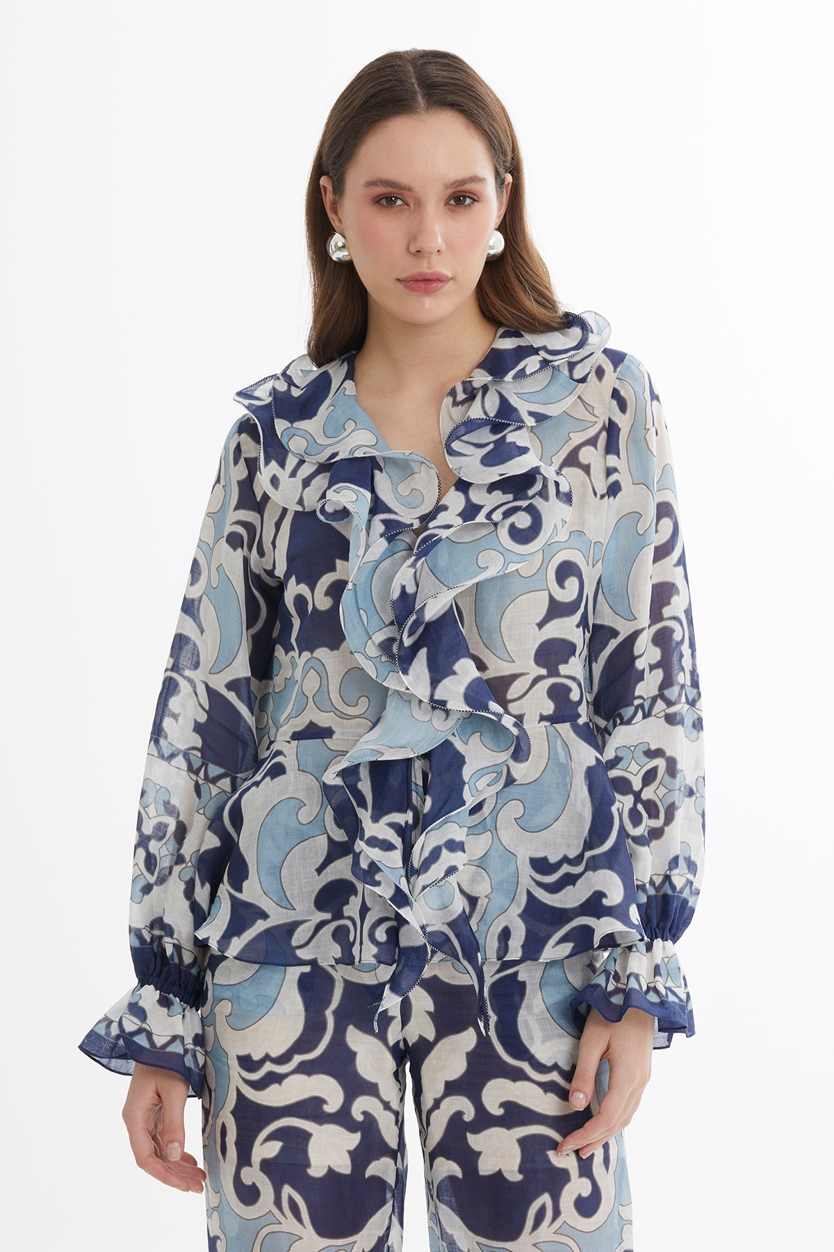 Ruffle Detail Lace-Up Blouse