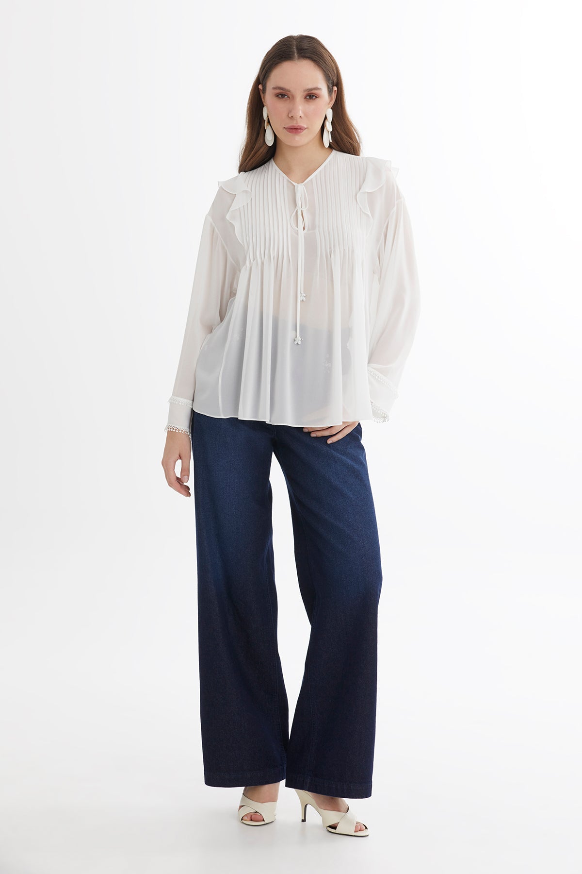 Ecru Pintuck Detail Sheer Blouse