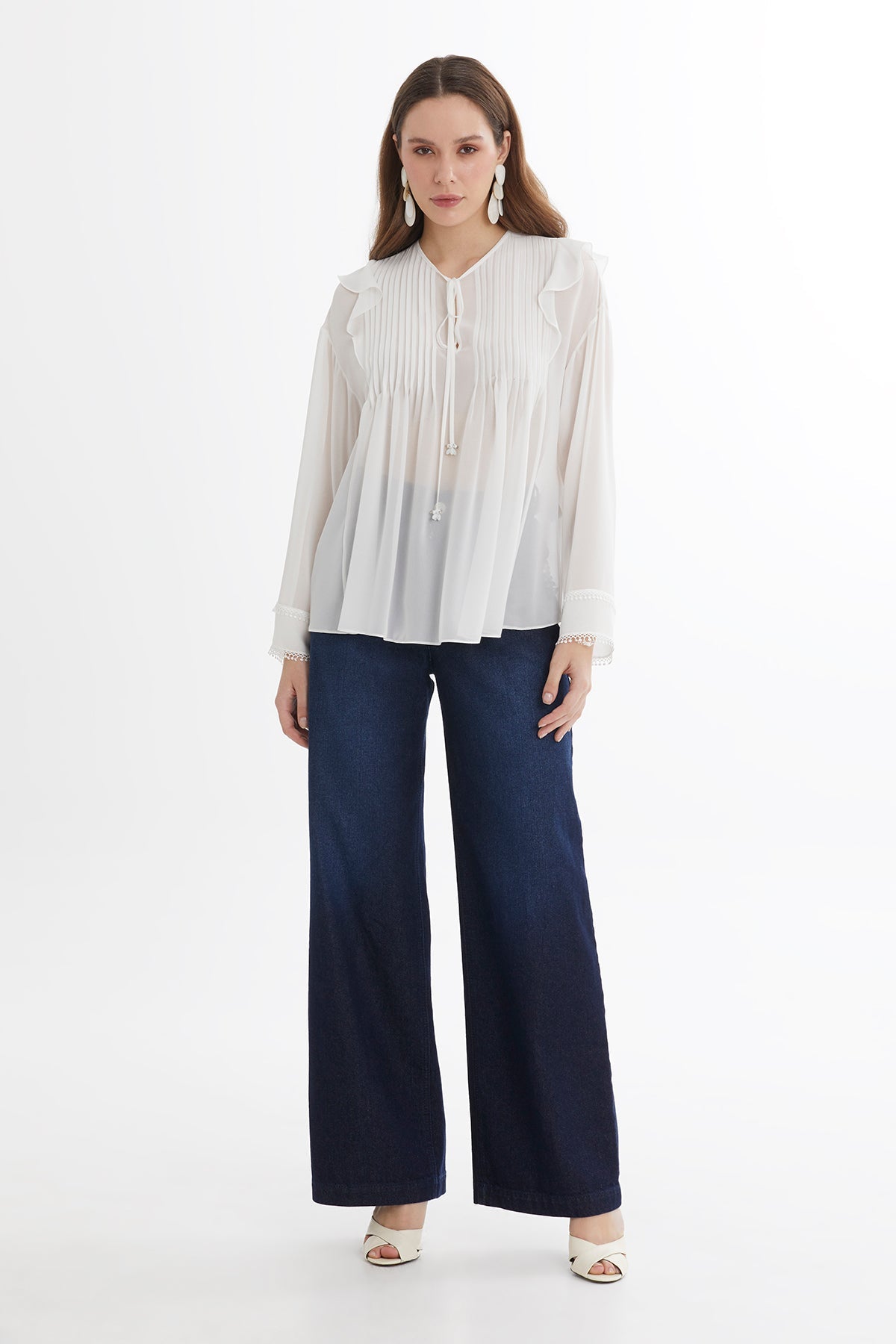 Ecru Pintuck Detail Sheer Blouse