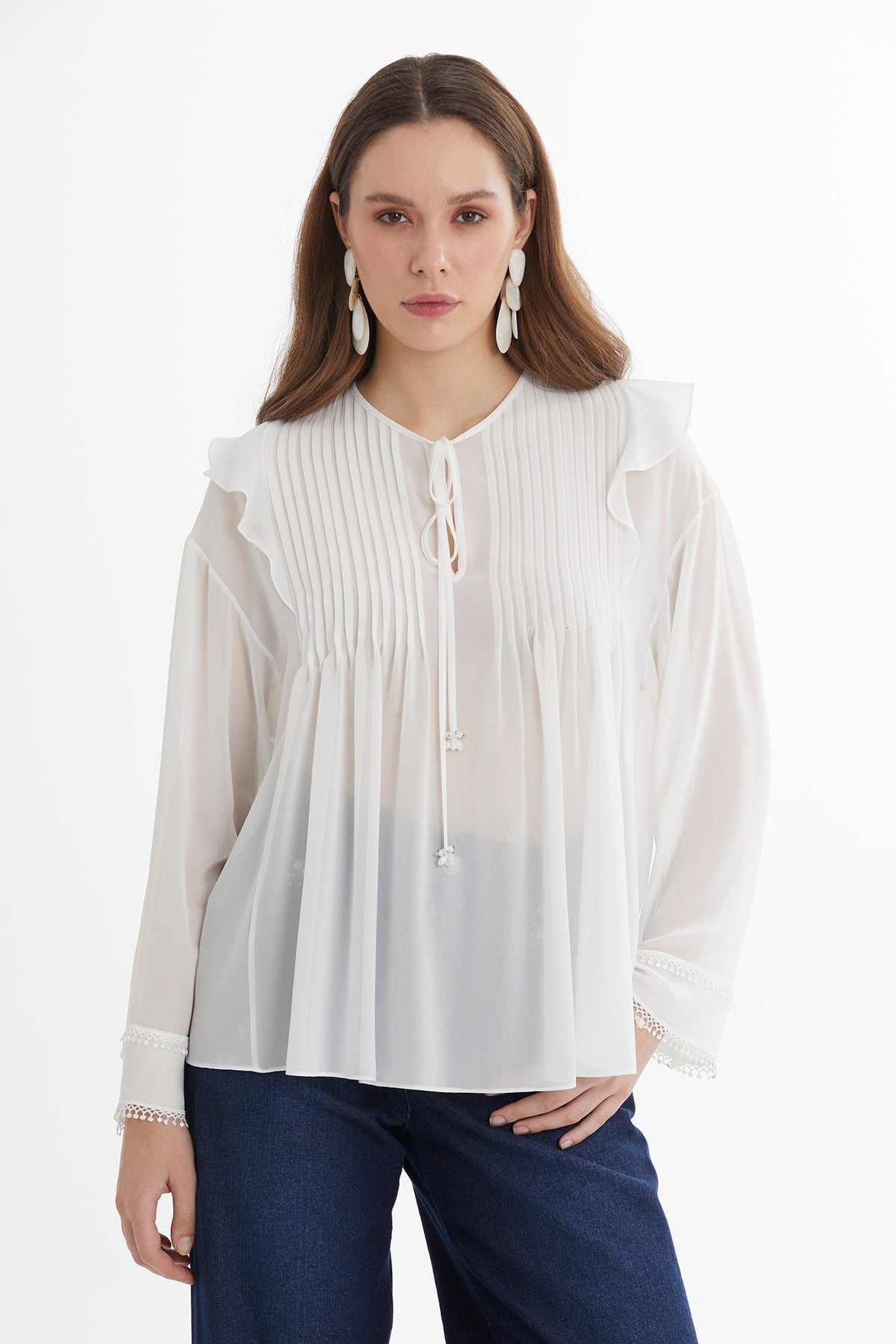 Ecru Pintuck Detail Sheer Blouse