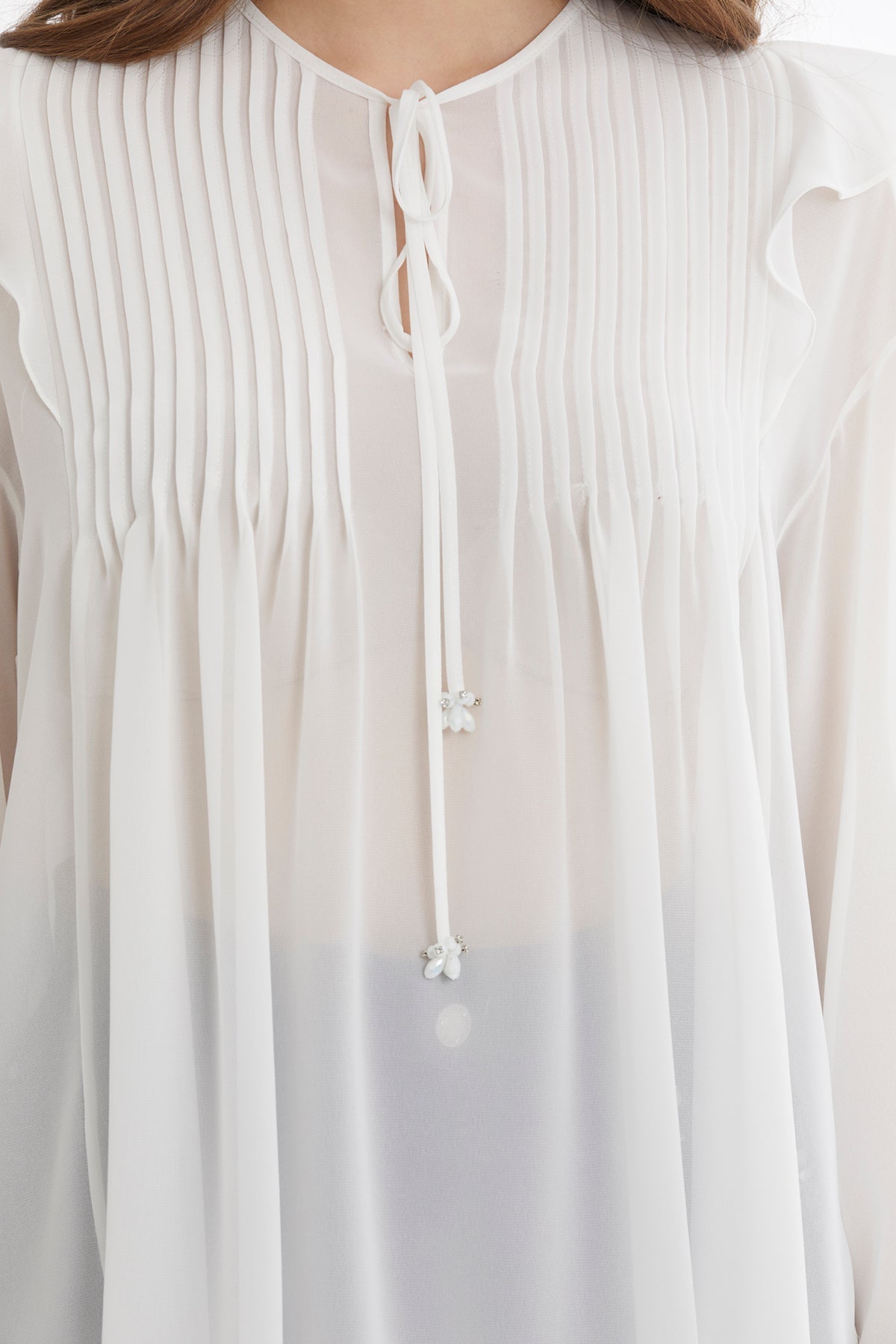 Ecru Pintuck Detail Sheer Blouse