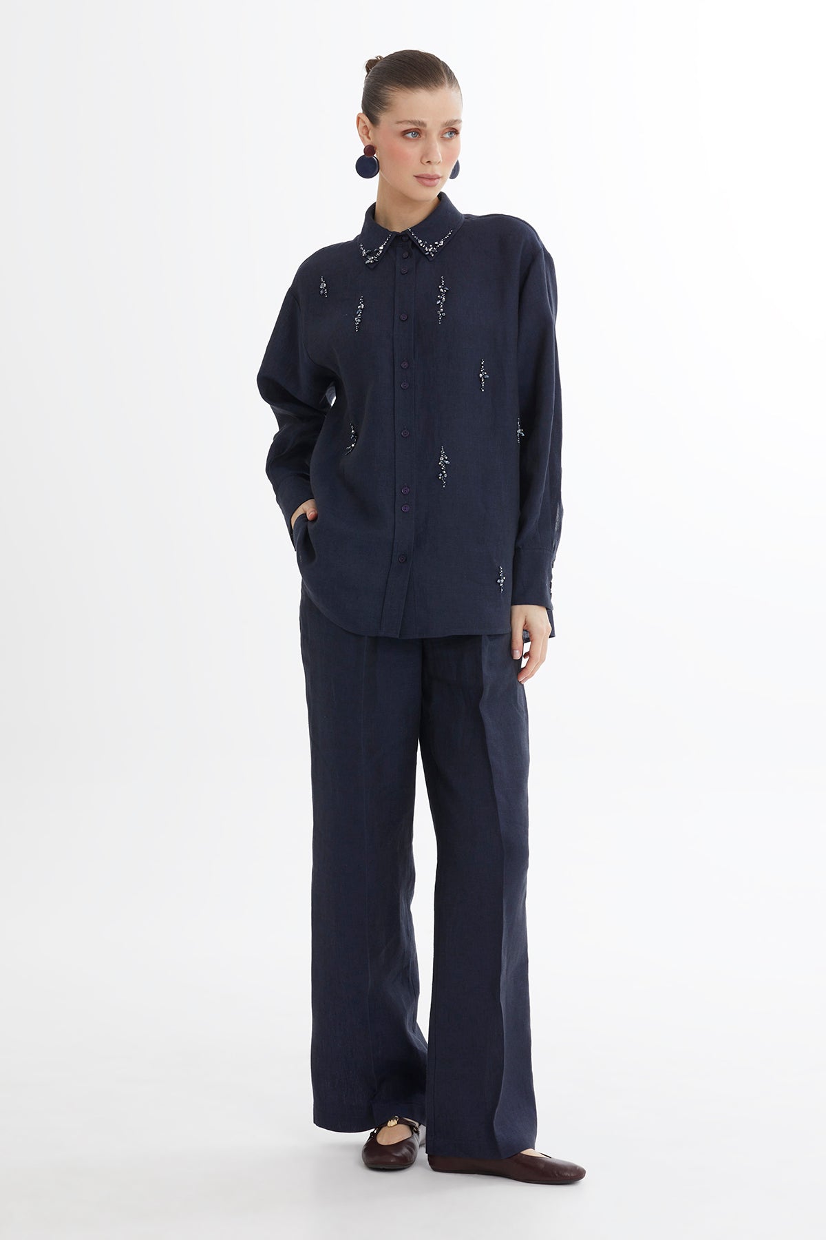 Dark Navy Embroidered Linen Shirt