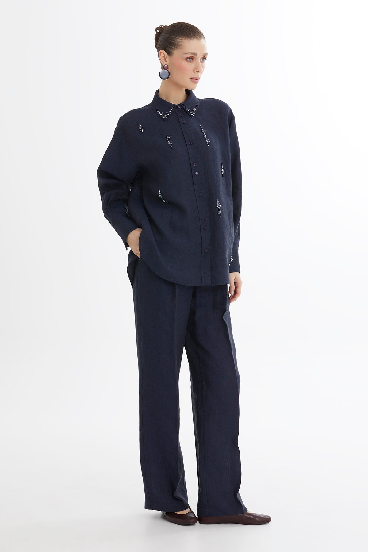 Dark Navy Embroidered Linen Shirt