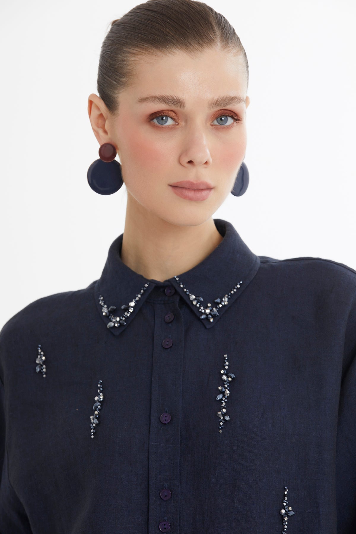Dark Navy Embroidered Linen Shirt