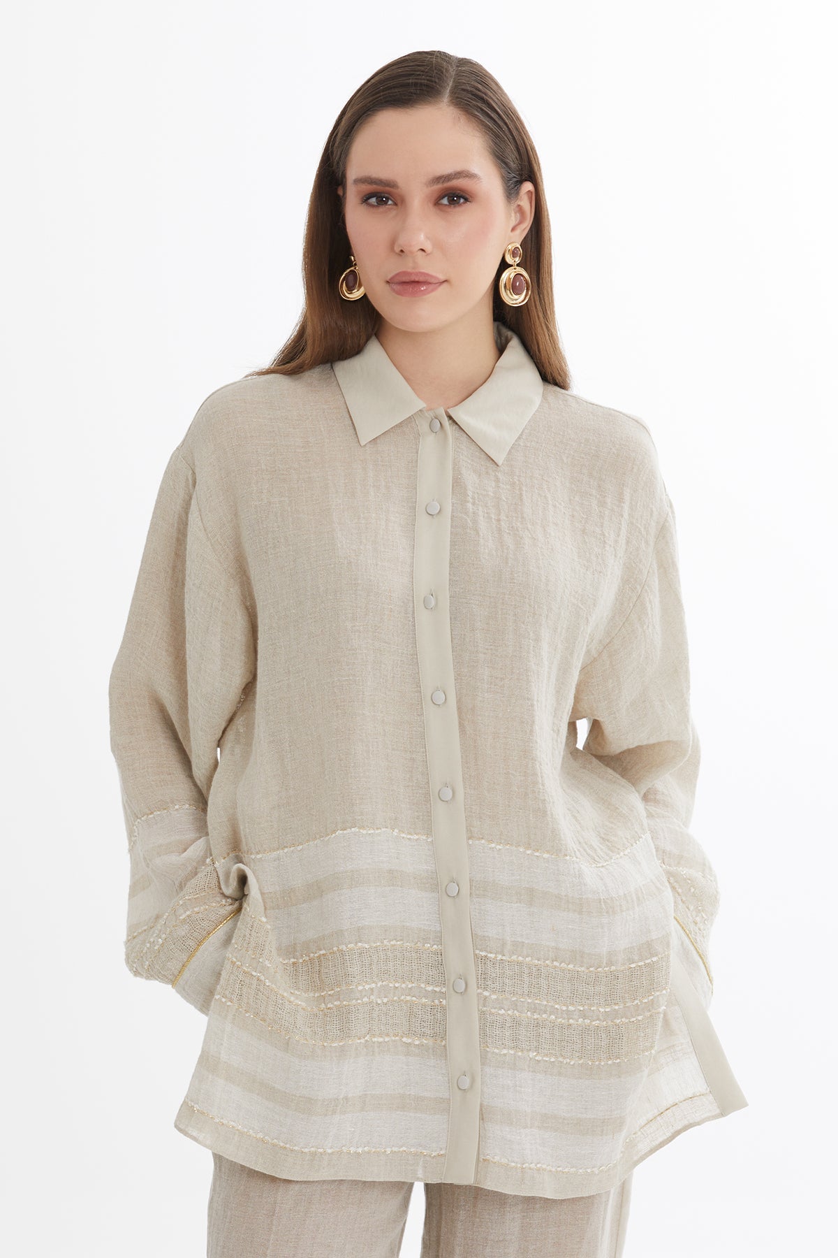 Beige Trim Detail Linen Shirt