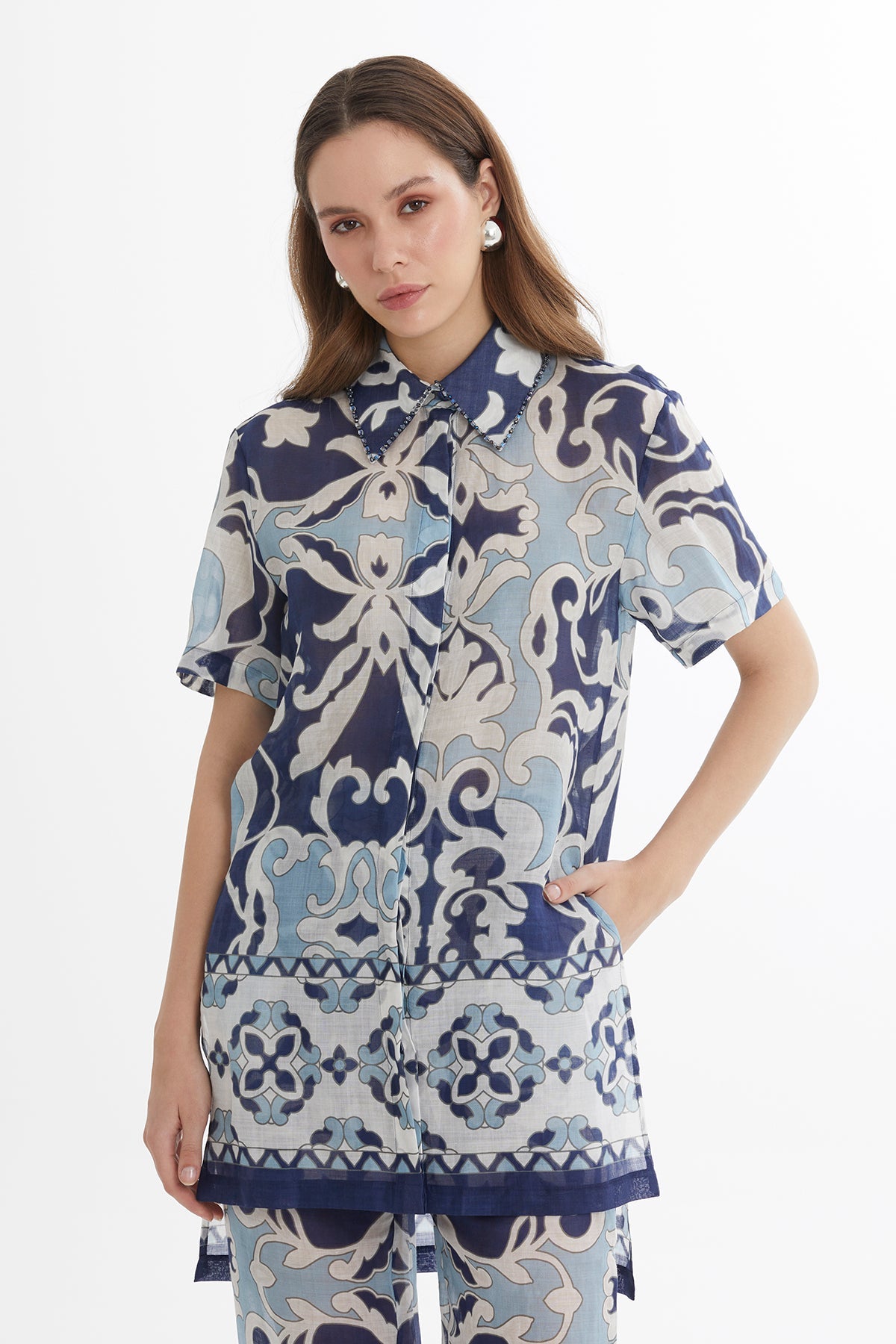 Embroidered Long Slit Shirt