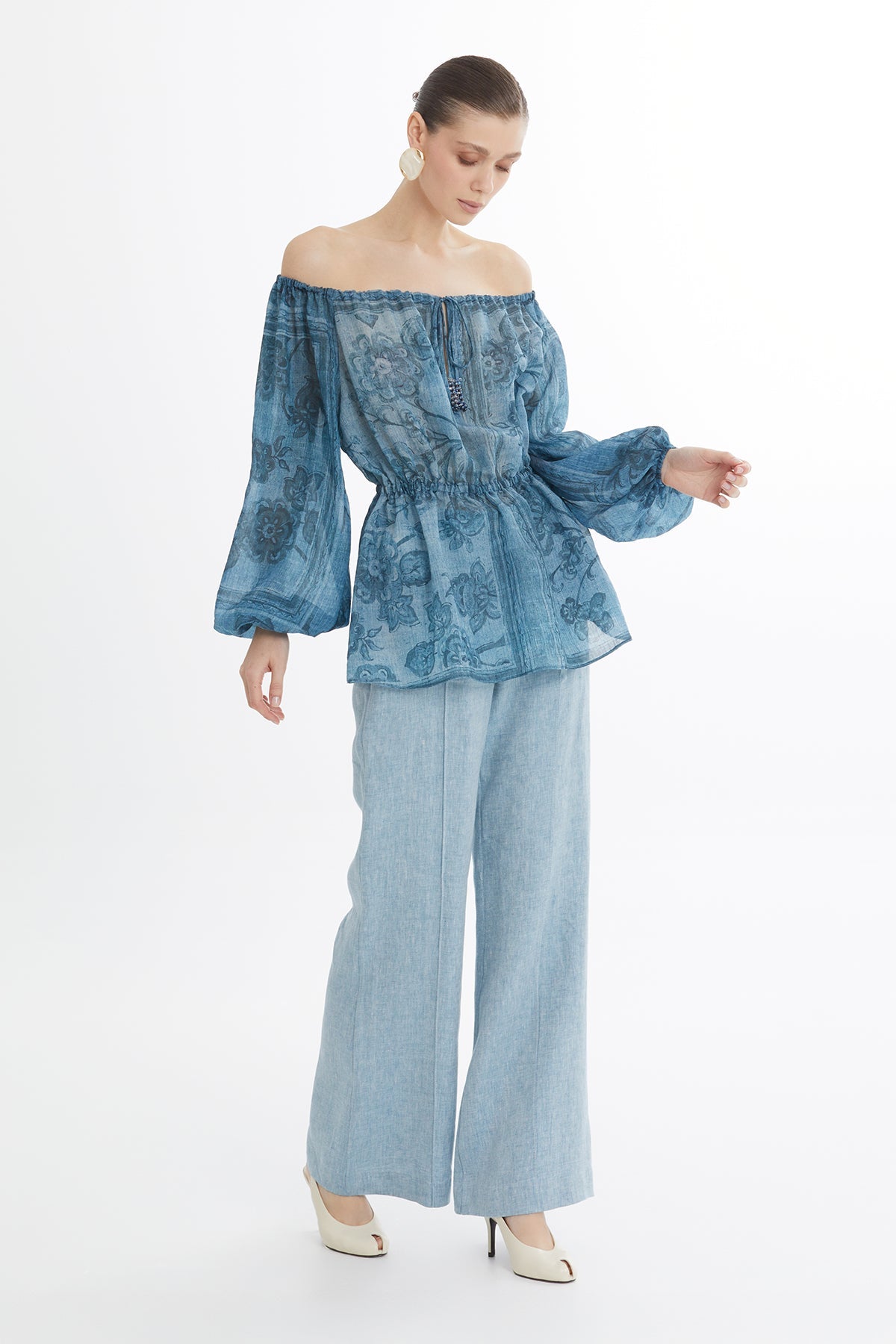 Gathered Embroidered Printed Blouse