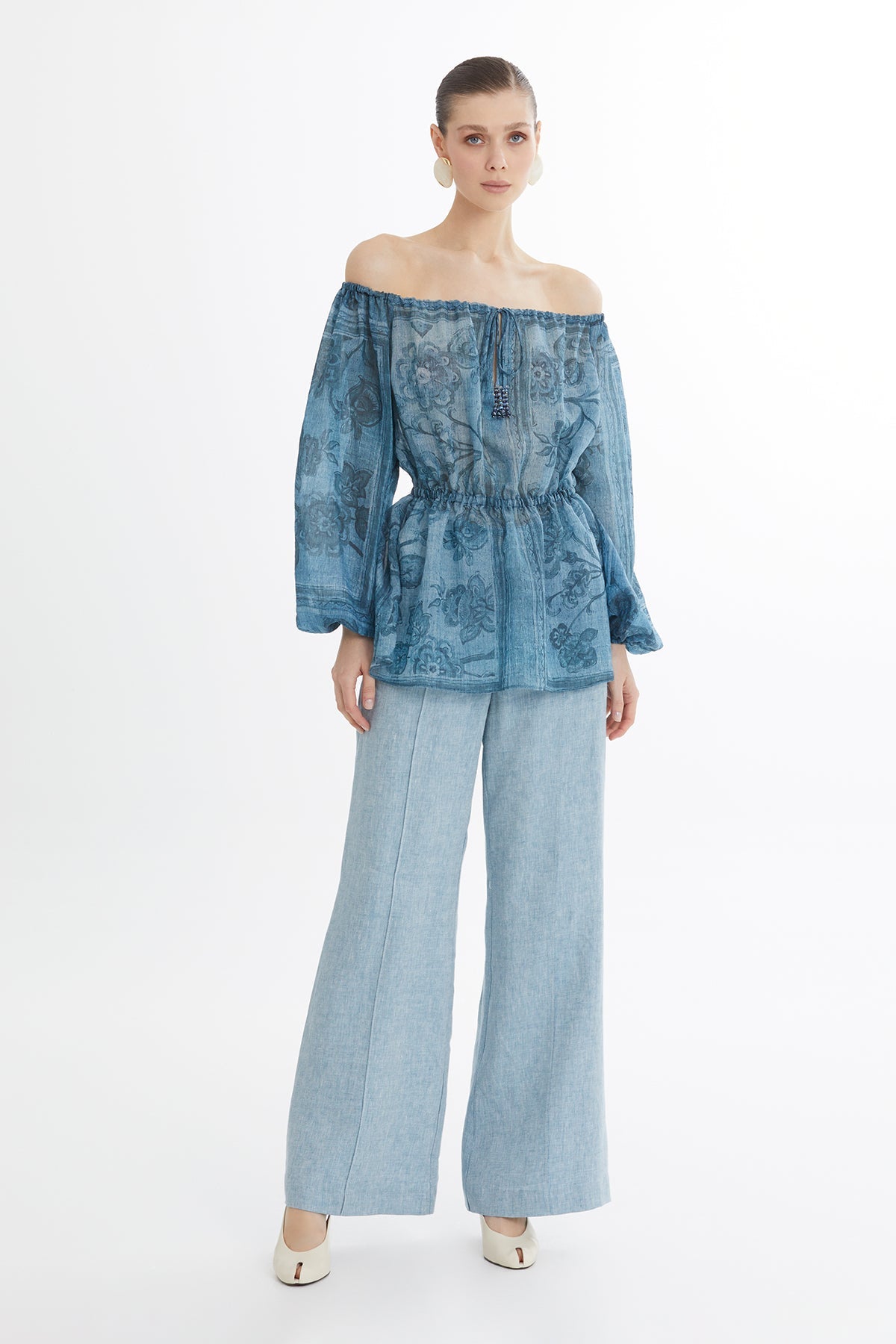Gathered Embroidered Printed Blouse