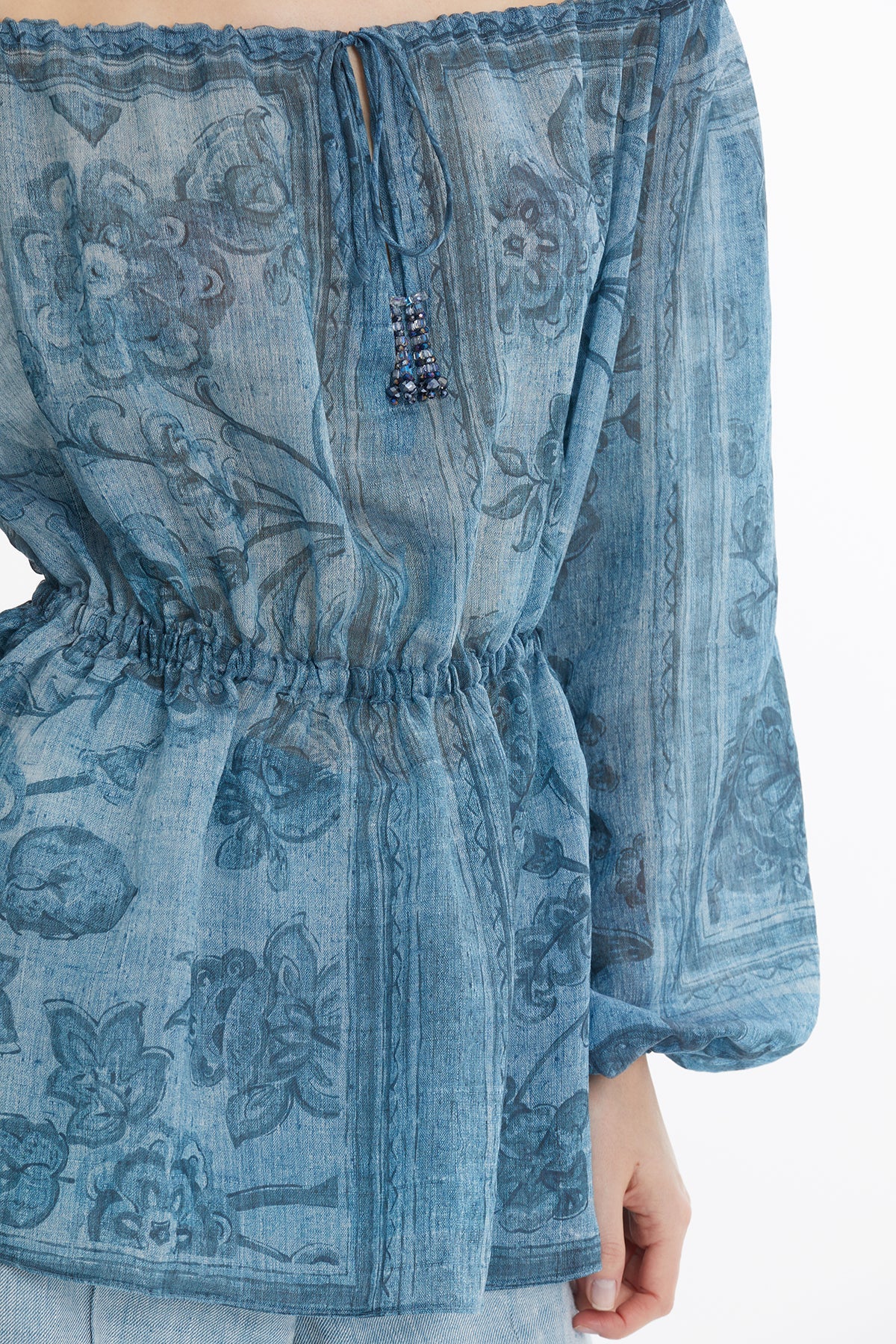 Gathered Embroidered Printed Blouse