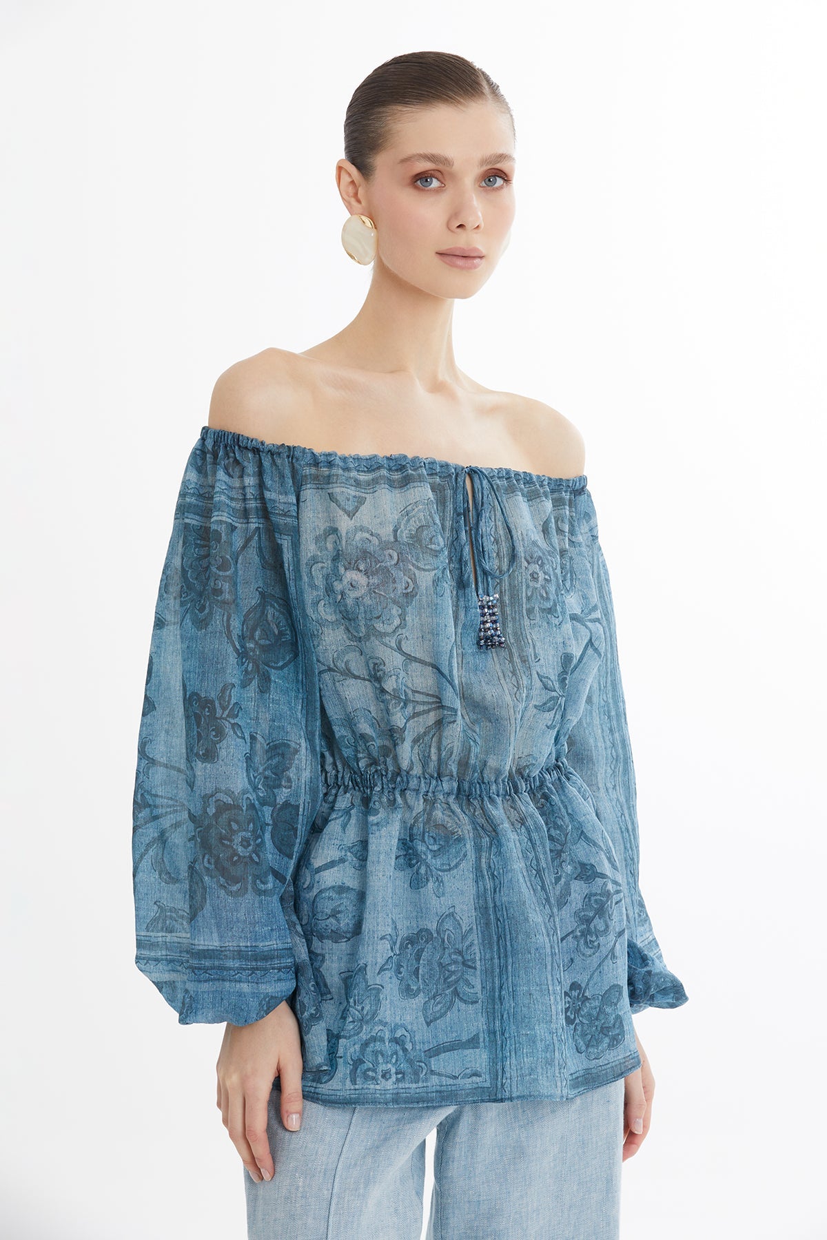 Gathered Embroidered Printed Blouse