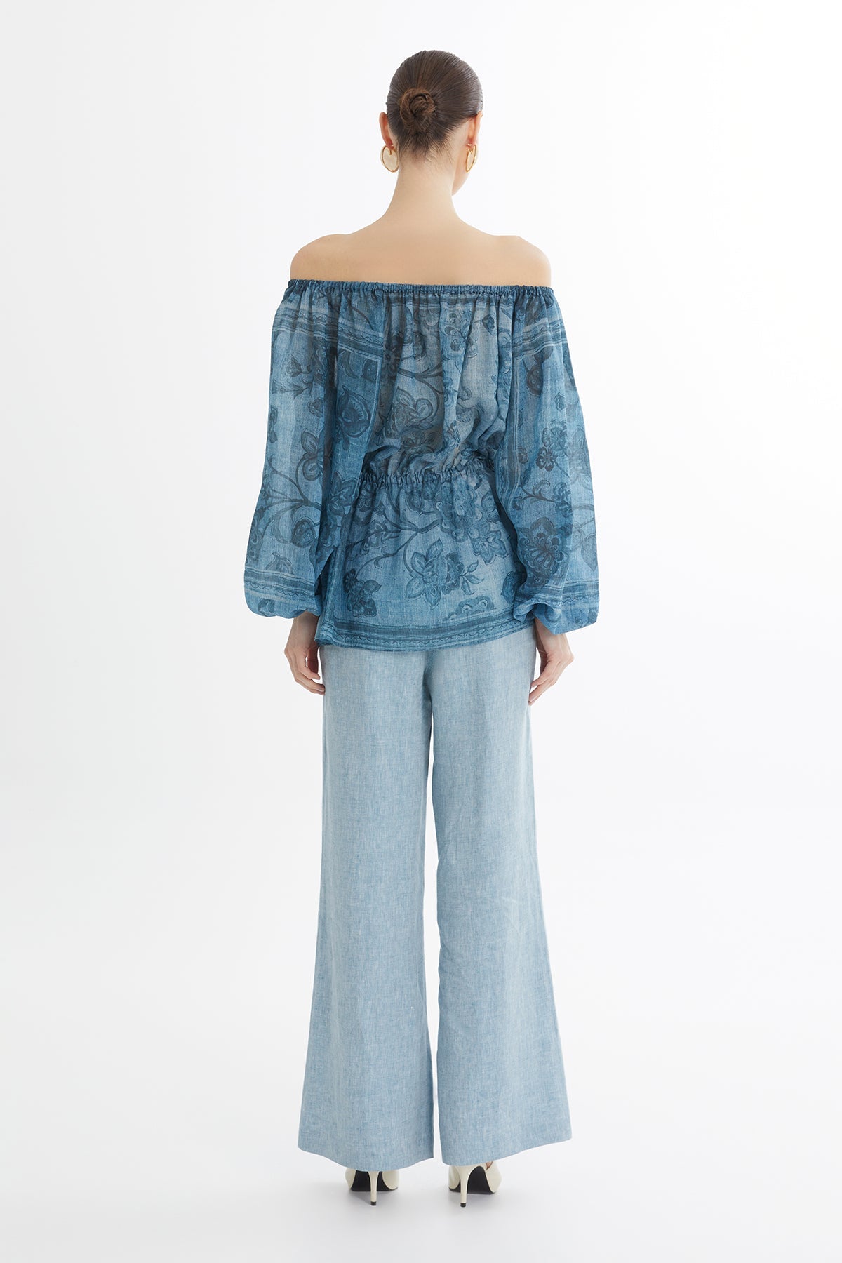 Gathered Embroidered Printed Blouse