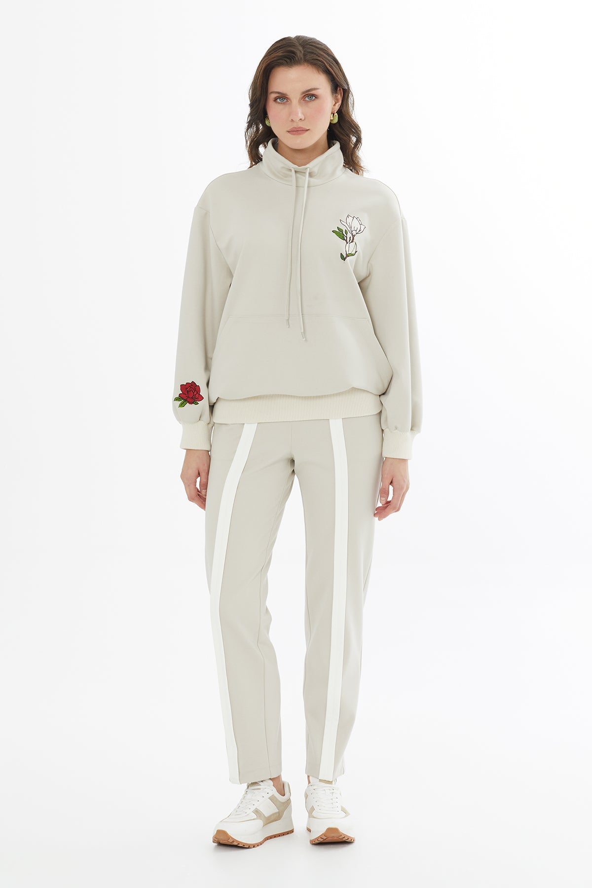 Beige Embroidered Drawstring Knit-Trim Sweatshirt